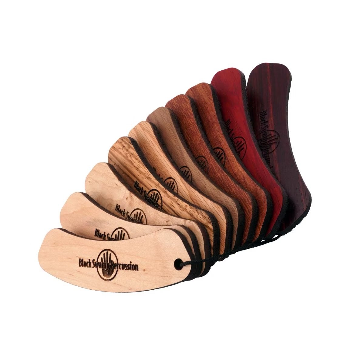 Group of Black Swamp snare drum dampeners made of wood, arranged by shade of wood finish from lightest to darkest.