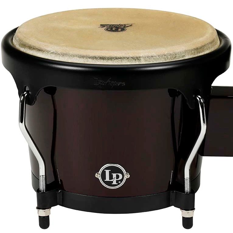 LP Aspire Bongos Dark Wood Logo Close-Up