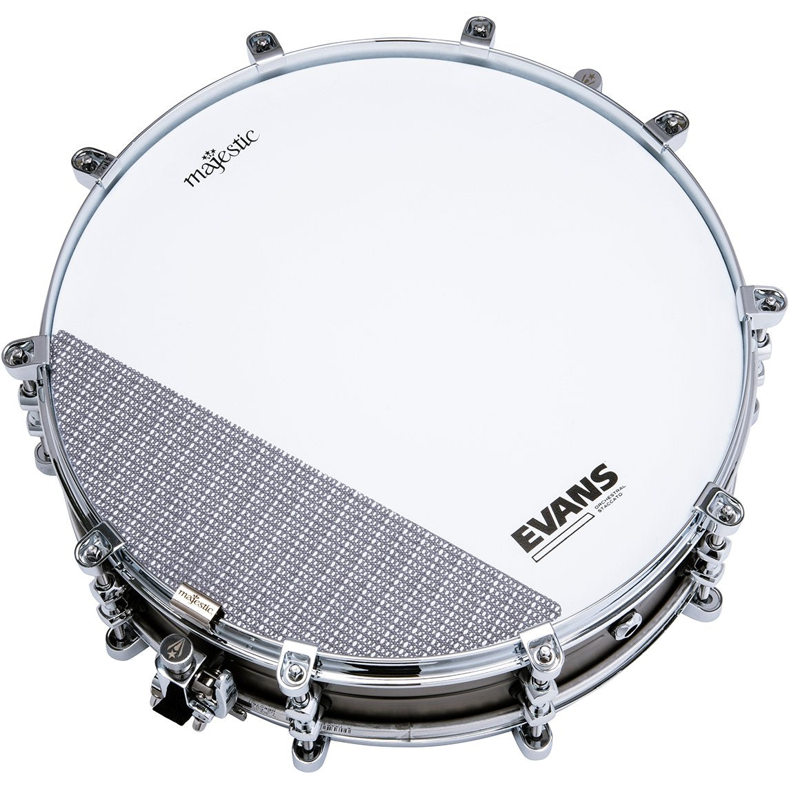 Majestic 14"x5" Brass Opus One Snare Drum with Frequency Modifier on Drumhead Angled