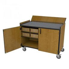 "Marco BS300 Mobile Percussion Workstation with doors open, showing carpeted worktop, four plastic storage trays on upper shelves, open lower compartment, and caster wheels