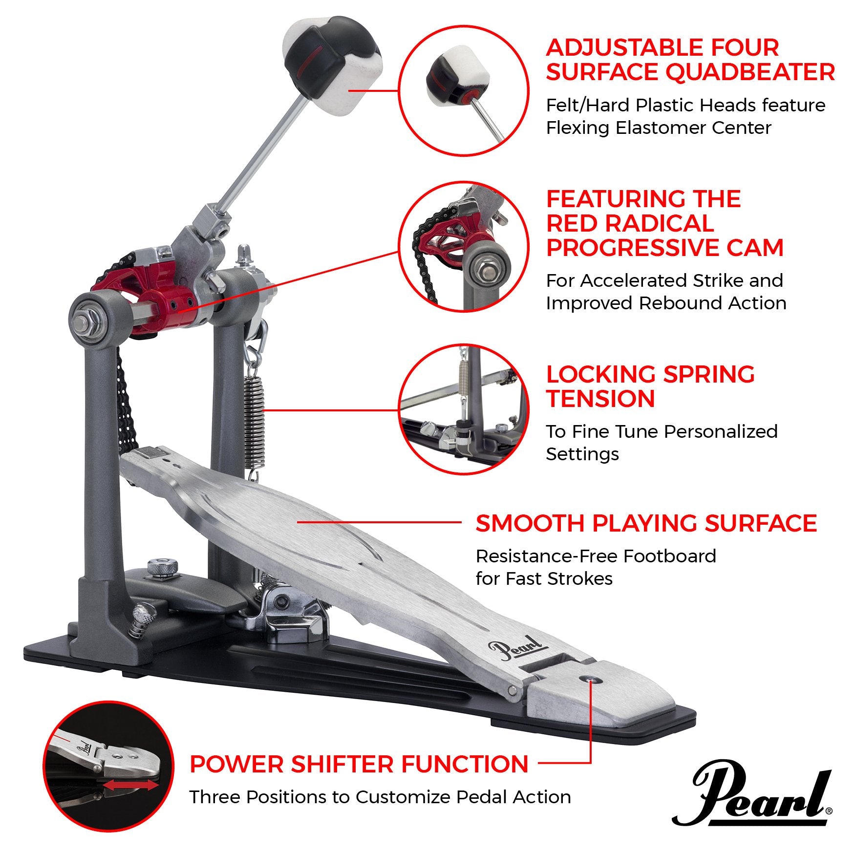 Pearl Eliminator Solo Bass Drum Pedal - Red Cam - Image 6