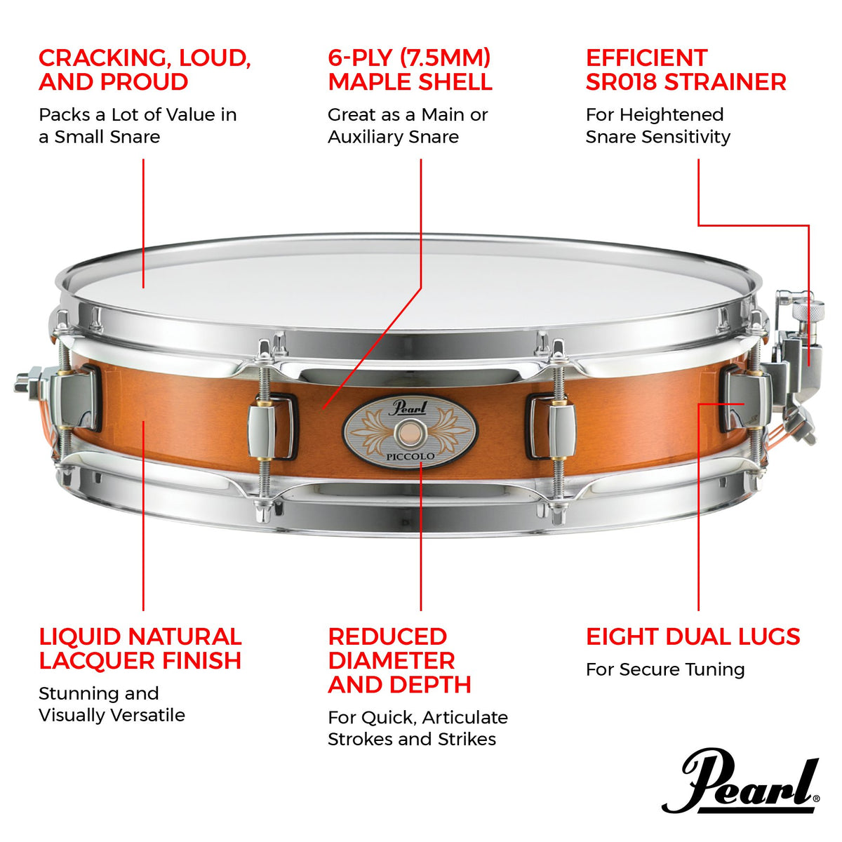 Pearl Maple Piccolo Snare Drum - 13" x 3" - Liquid Amber - Image 3