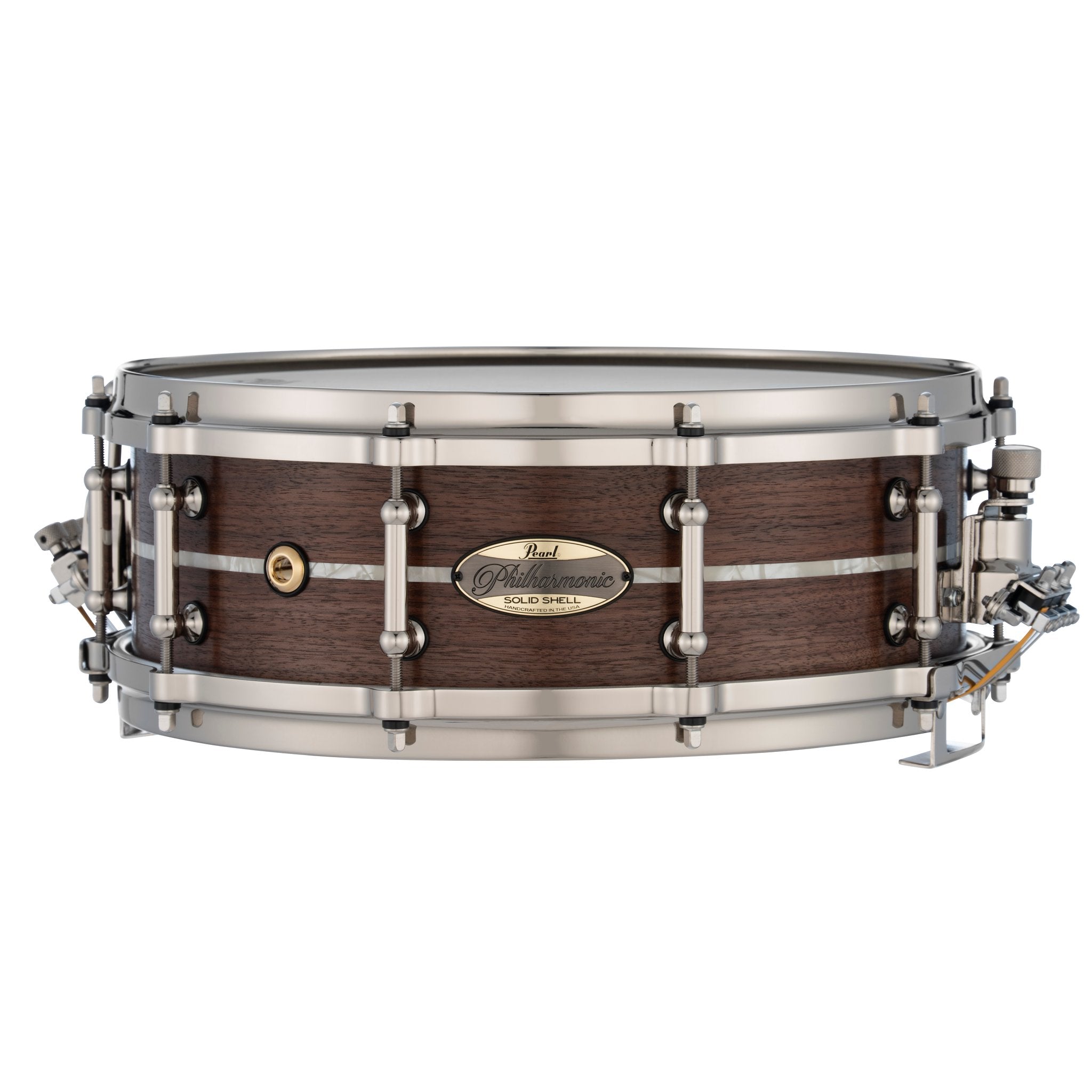 Pearl Philharmonic Solid Shell Walnut Concert Snare Drum - 14" x 5" - 45-degree Bearing Edges - Nicotine White Marine Inlay - Image 1