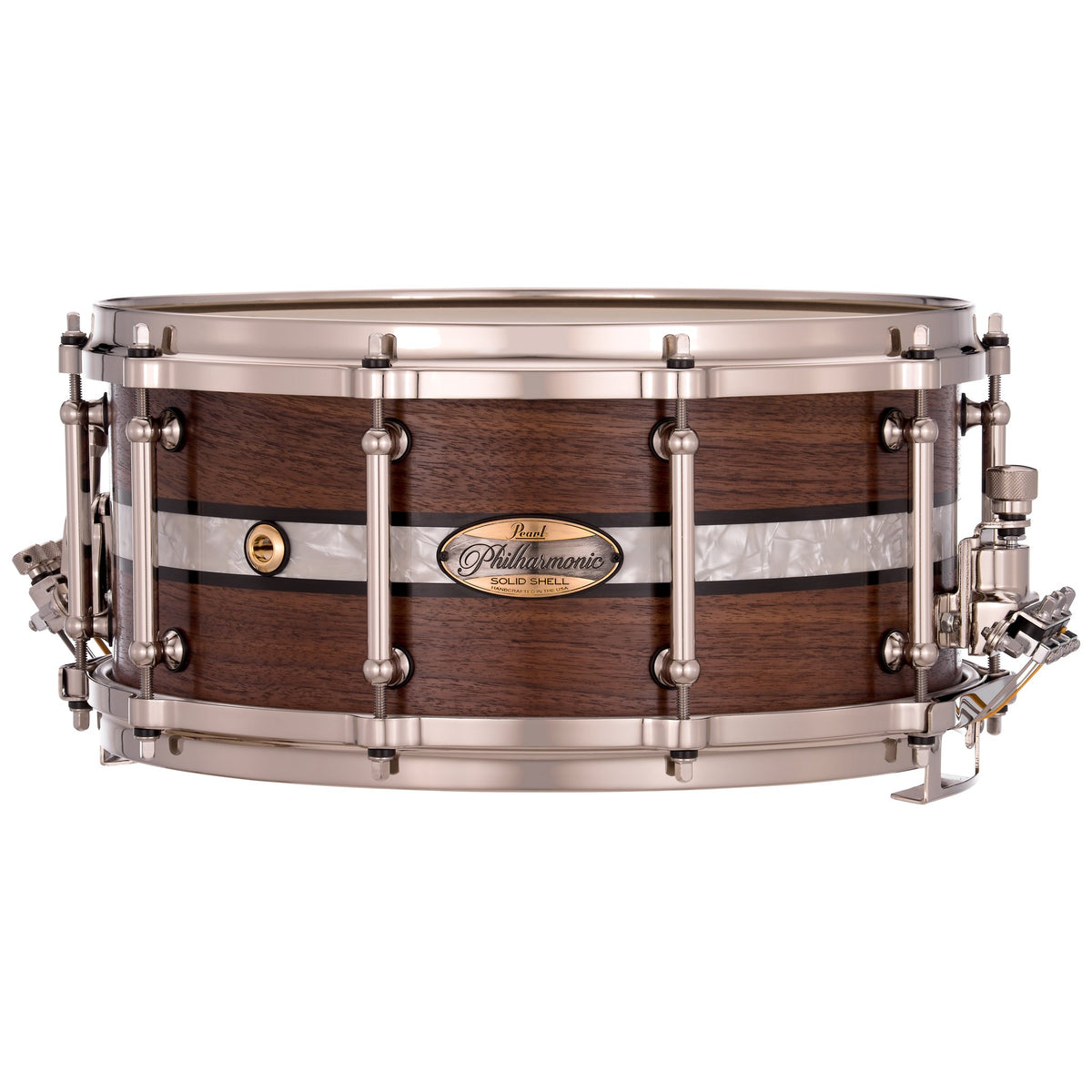 Pearl Philharmonic Solid Shell Walnut Concert Snare Drum - 14" x 6.5" - Fully-Rounded Bearing Edges - Duoband Ebony Marine Inlay - Image 1