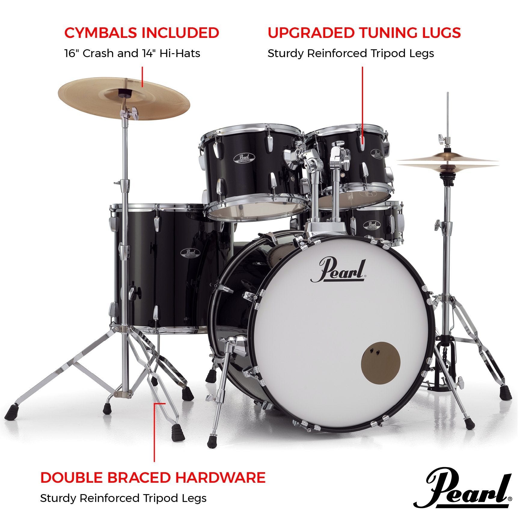 Pearl Roadshow 5-piece Drum Set with Hardware and Cymbals - 22" Bass Drum - Jet Black - Image 7