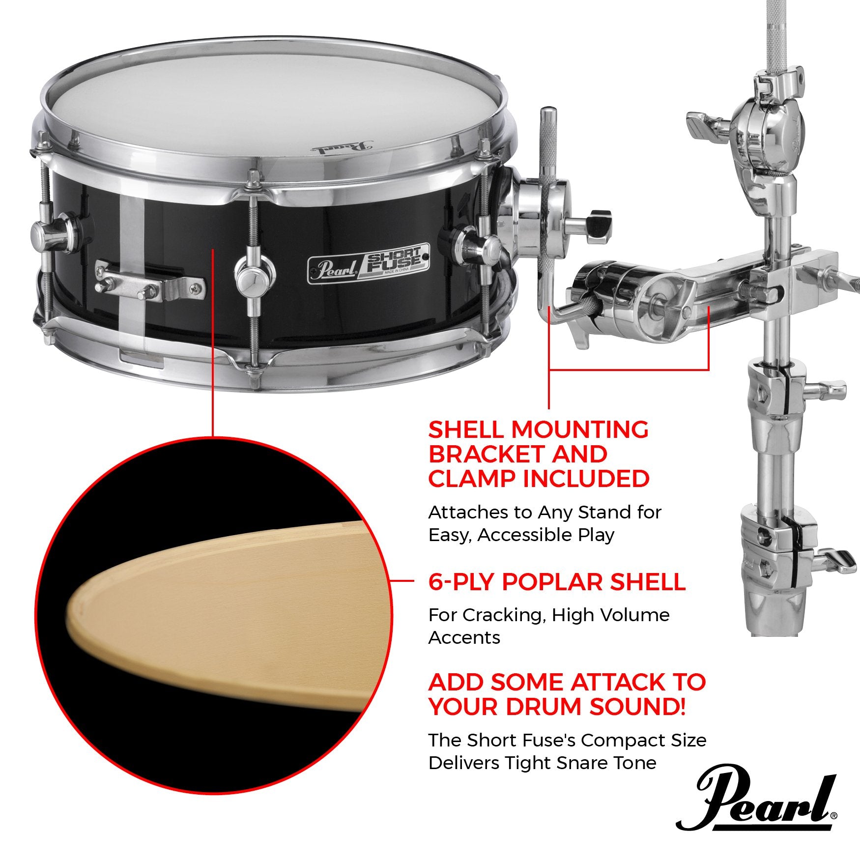 Pearl Short Fuse Snare Drum with Mount - 10x4.5 - Image 2