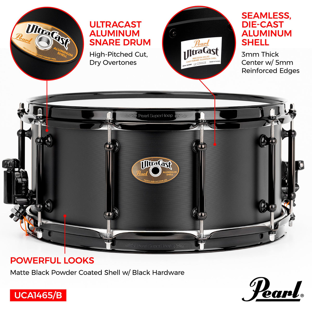 Pearl UltraCast Snare Drum 14x6.5 Features Diagram