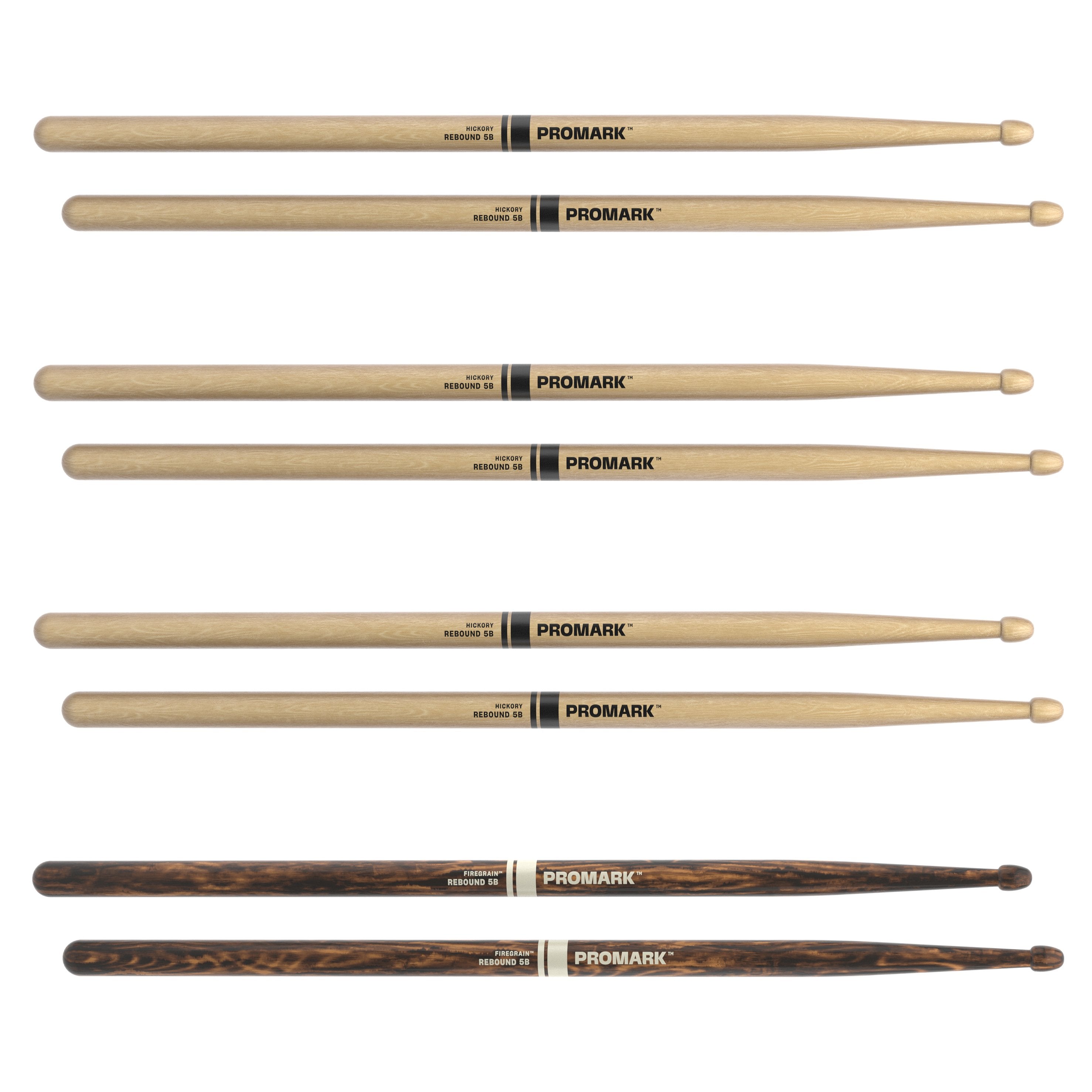 Promark Rebound RBH595AW 5B Acorn Tip Drumsticks - 4 pack (3 Hickory and 1 Firegrain) - Image 2