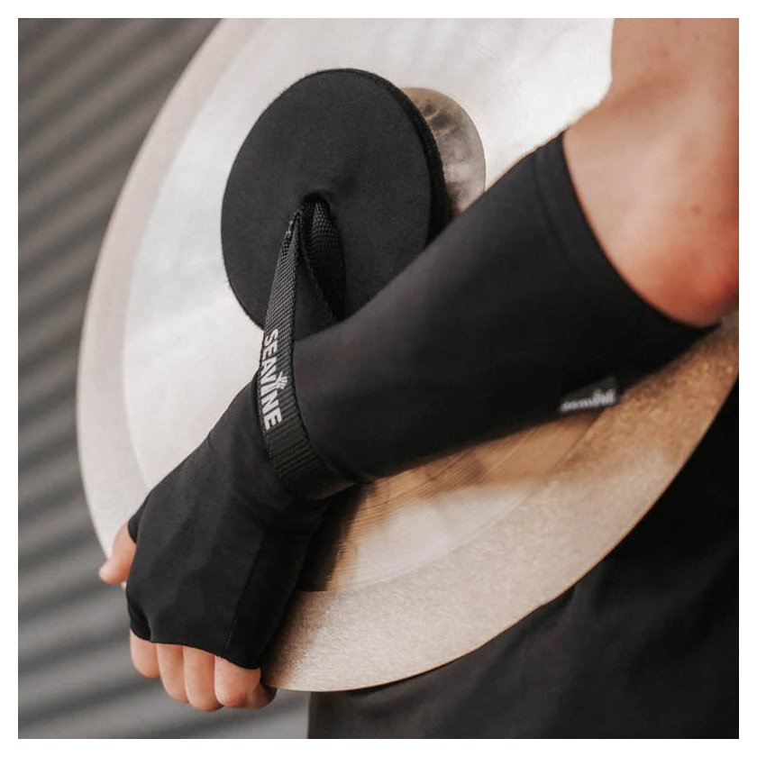 Seavine Cymbal Pads on cymbal held by player with straps and gloves