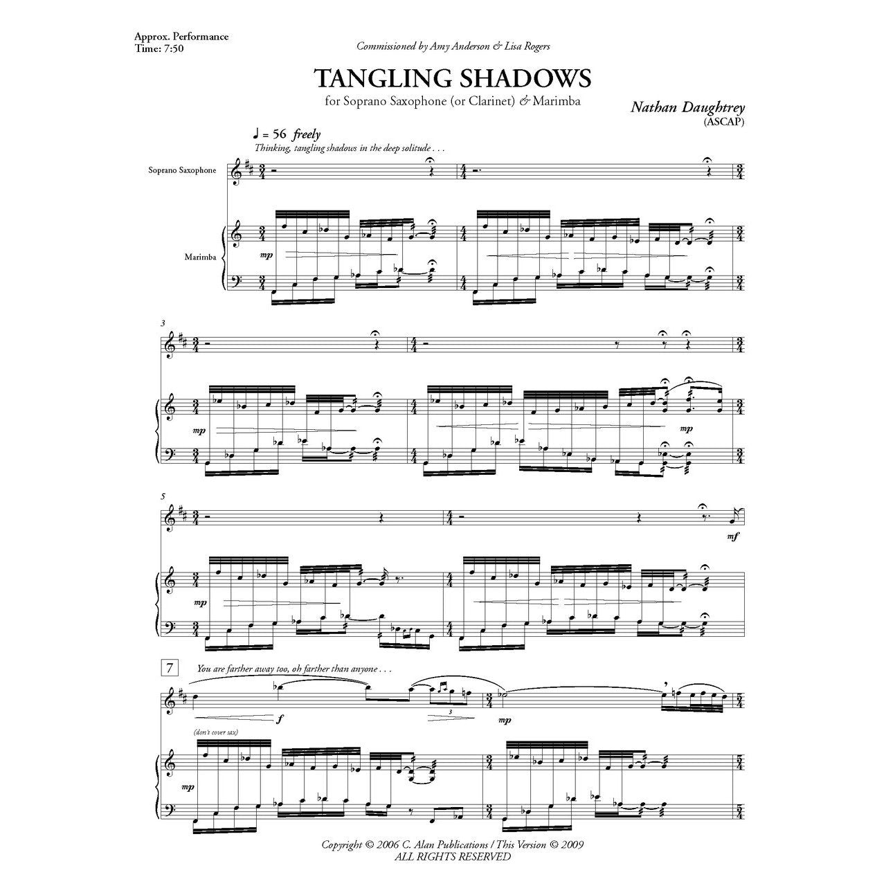 Tangling Shadows for soprano sax and marimba by nathan daughtrey sample page