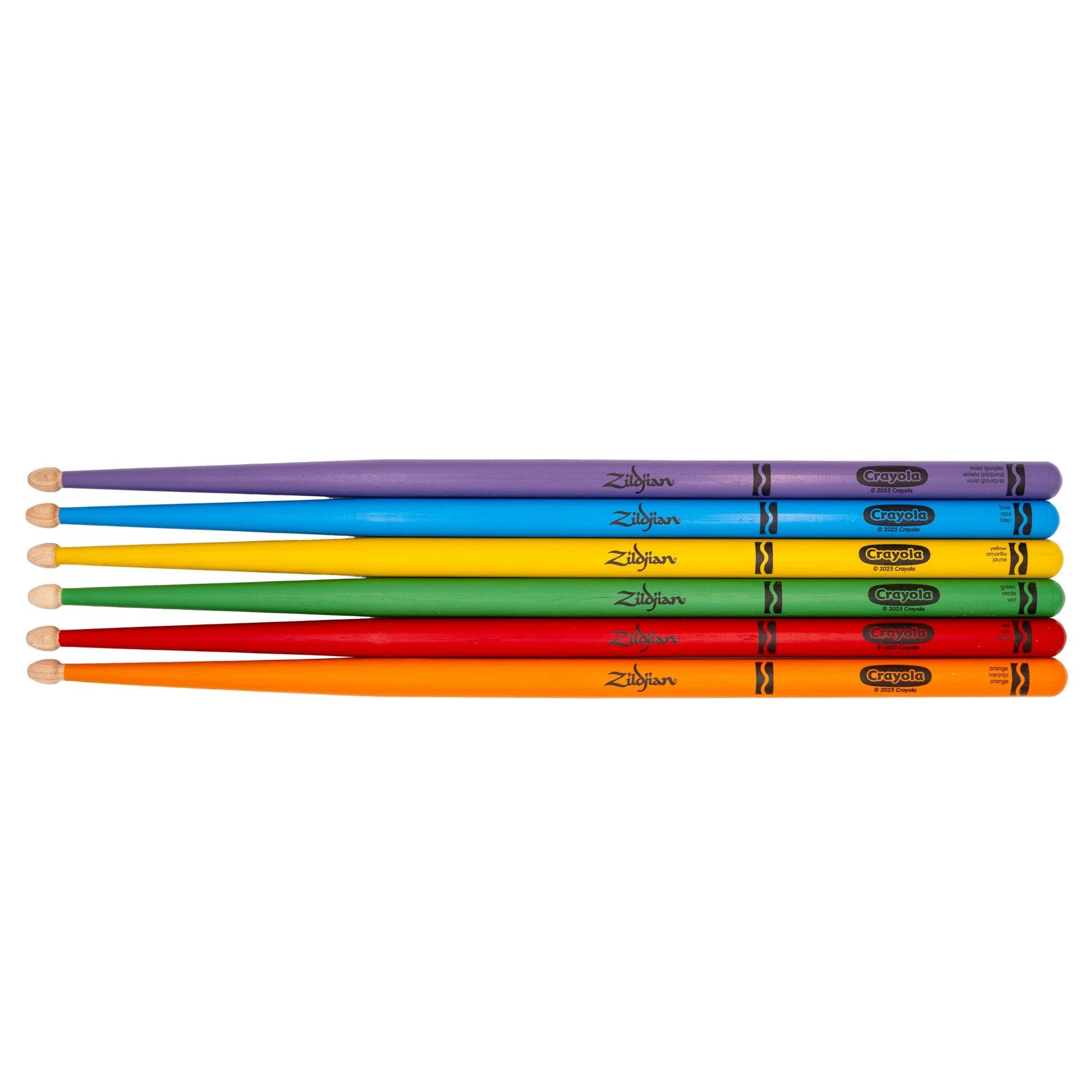 Six colorful kids drumsticks in Crayola color palette — red, orange, yellow, green, blue, purple