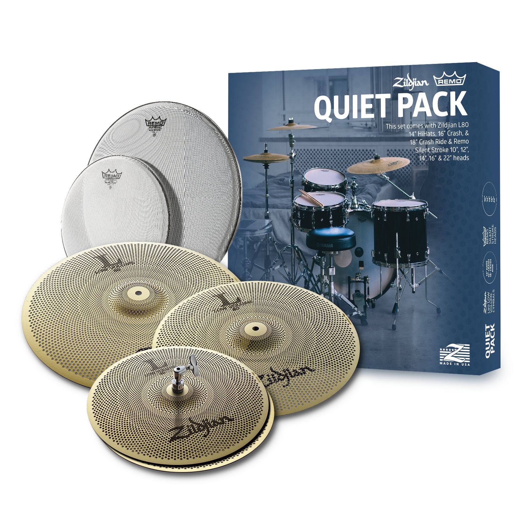 Zildjian L80 Low Volume Quicket Pack With Remo Silent Stroke Drum Heads LV468RH