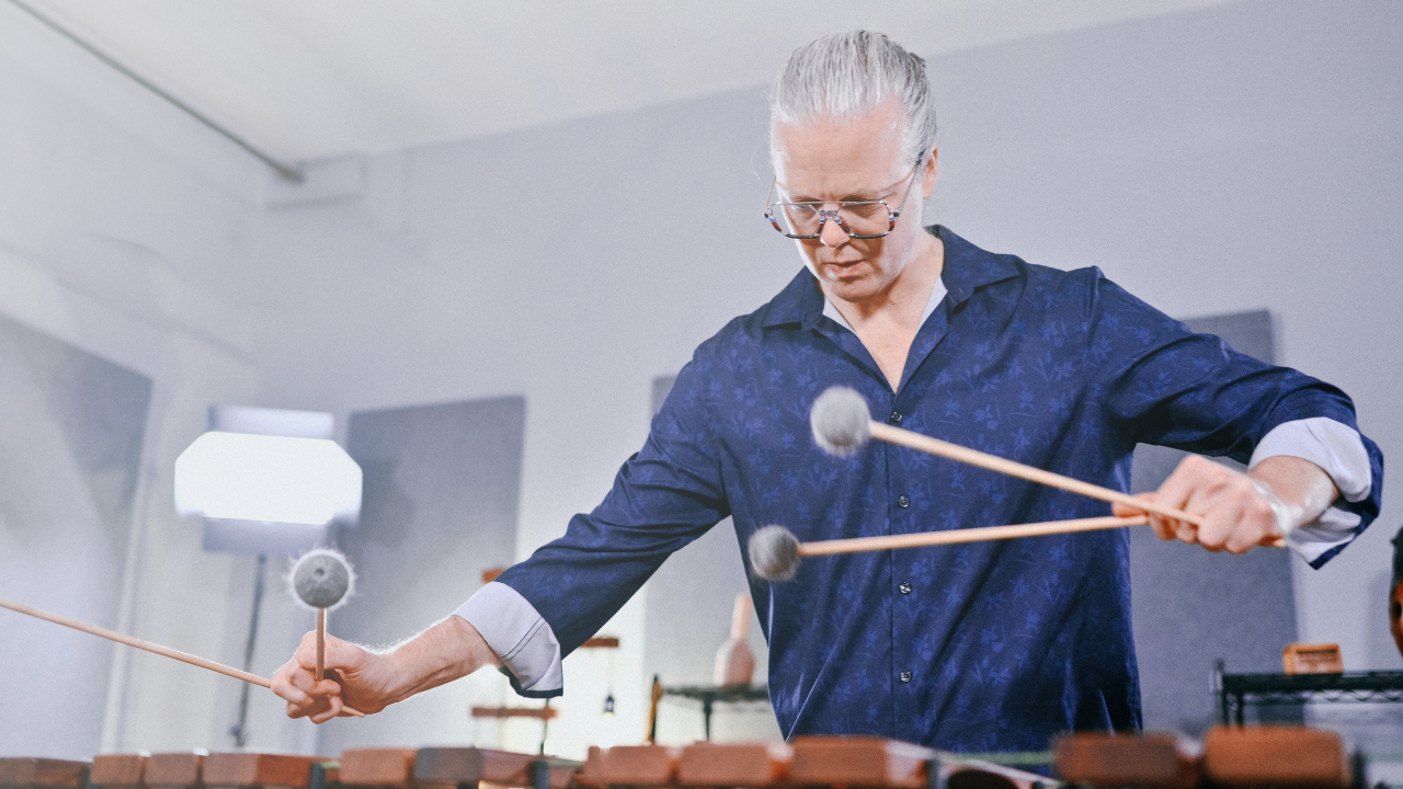 Matthew Coley, owner of Heartland Marimba Publications plays one of his arrangements at Steve Weiss Music. 