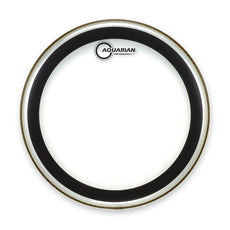 Aquarian 20-inch Performance II clear bass drumhead with an internal black dampening ring, shown from above.