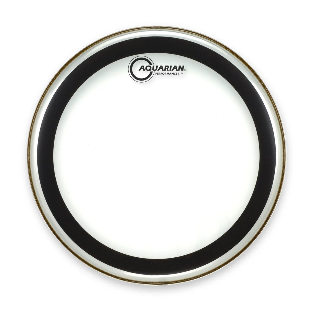 Aquarian 22-inch Performance II clear bass drumhead with an internal black dampening ring, shown from above.