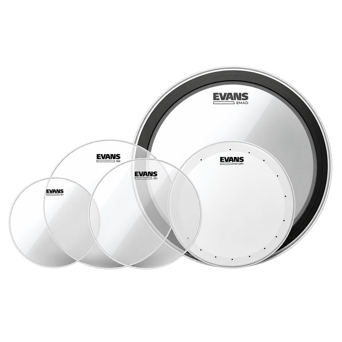 Evans Drum Set Upgrade Pack 14" HD Dry Snare Batter + 22" EMAD Clear Bass Batter w/ G2 Clear Rock Pack (10", 12", 16") EDP1-G2CLR-R