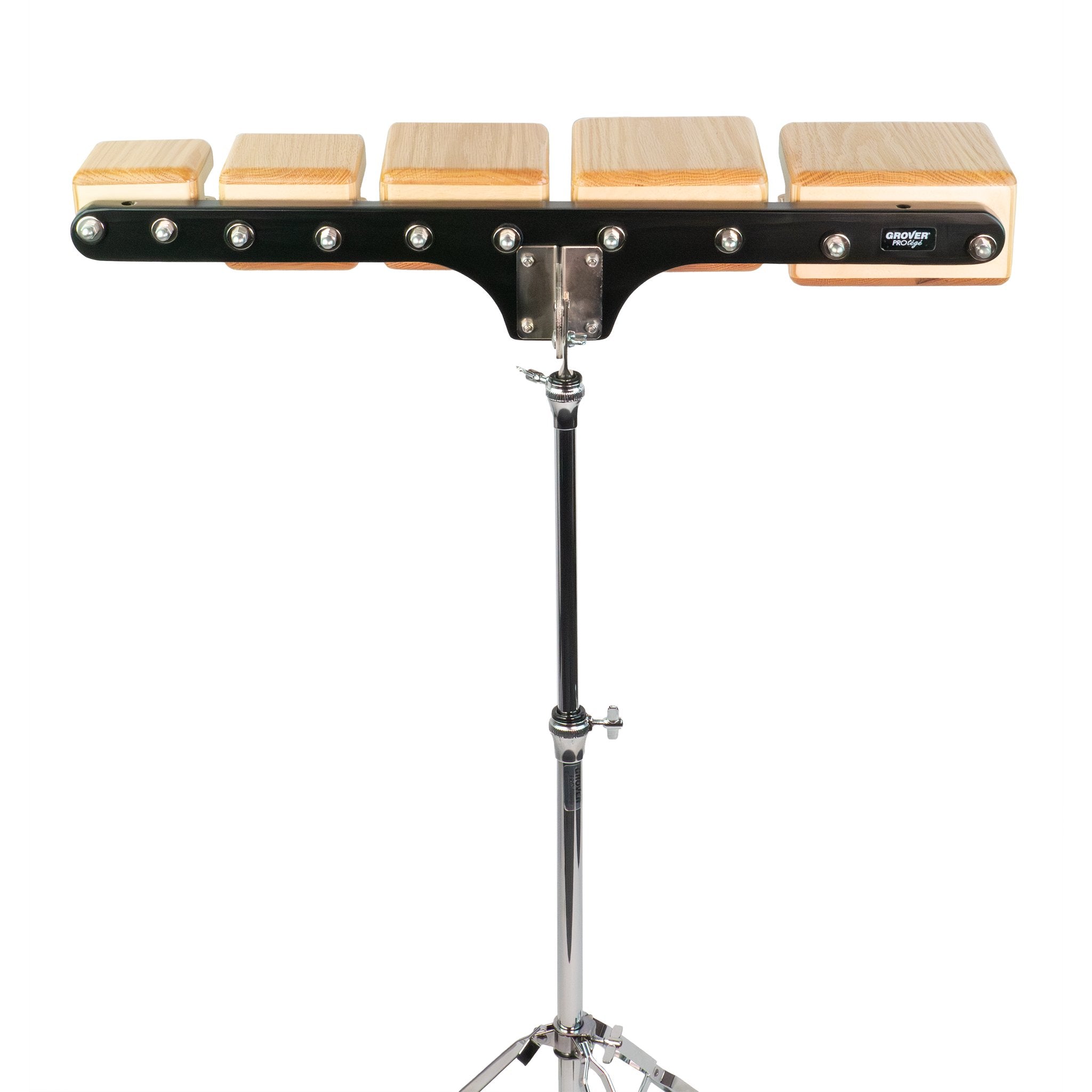Grover Pro Protégé Temple Block Set mounted on adjustable chrome stand, straight-on view showing block sizing and Grover Protégé logo plate