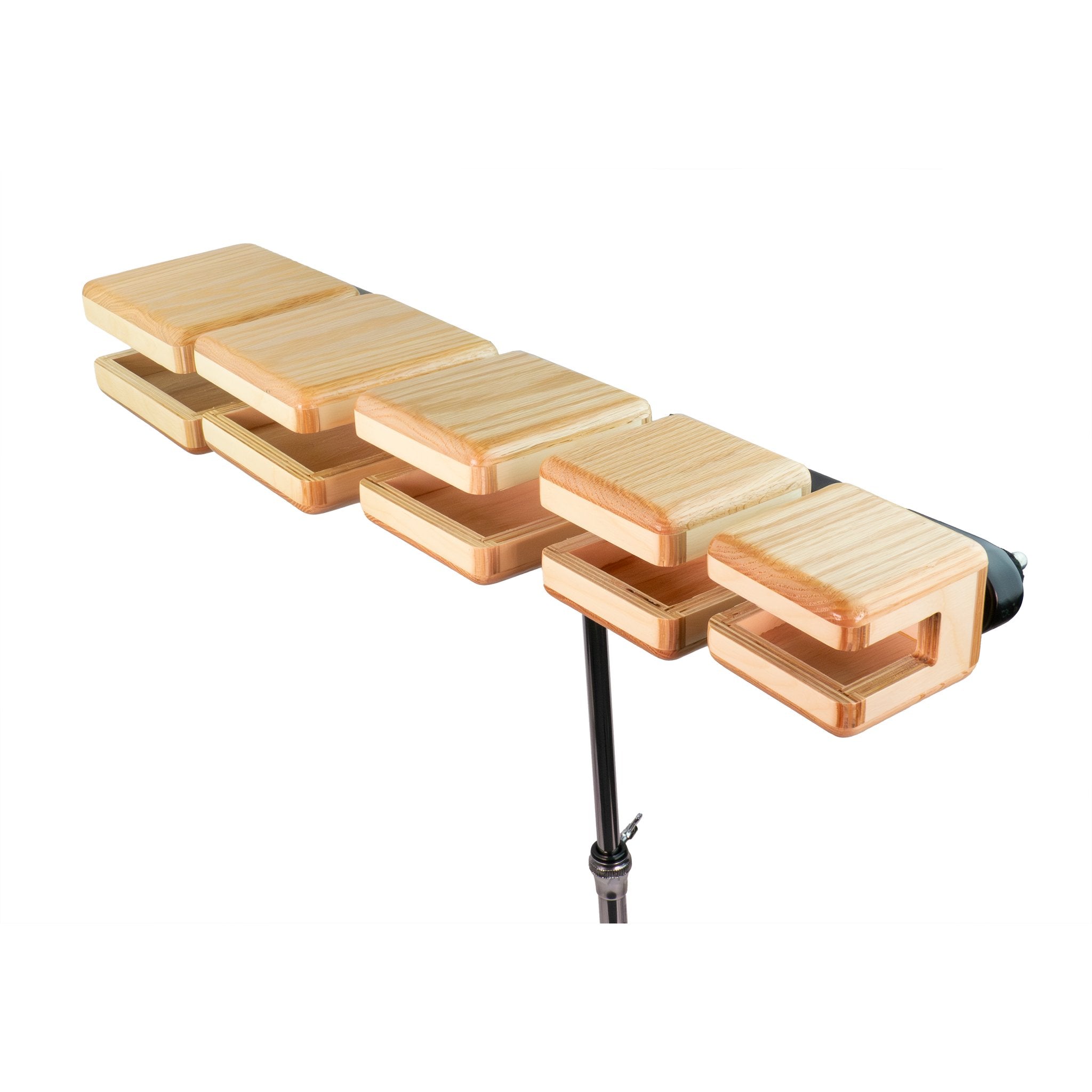 Grover Pro Protégé Temple Block Set, angled overhead view showing the five tonally graduated blocks and mounting bar