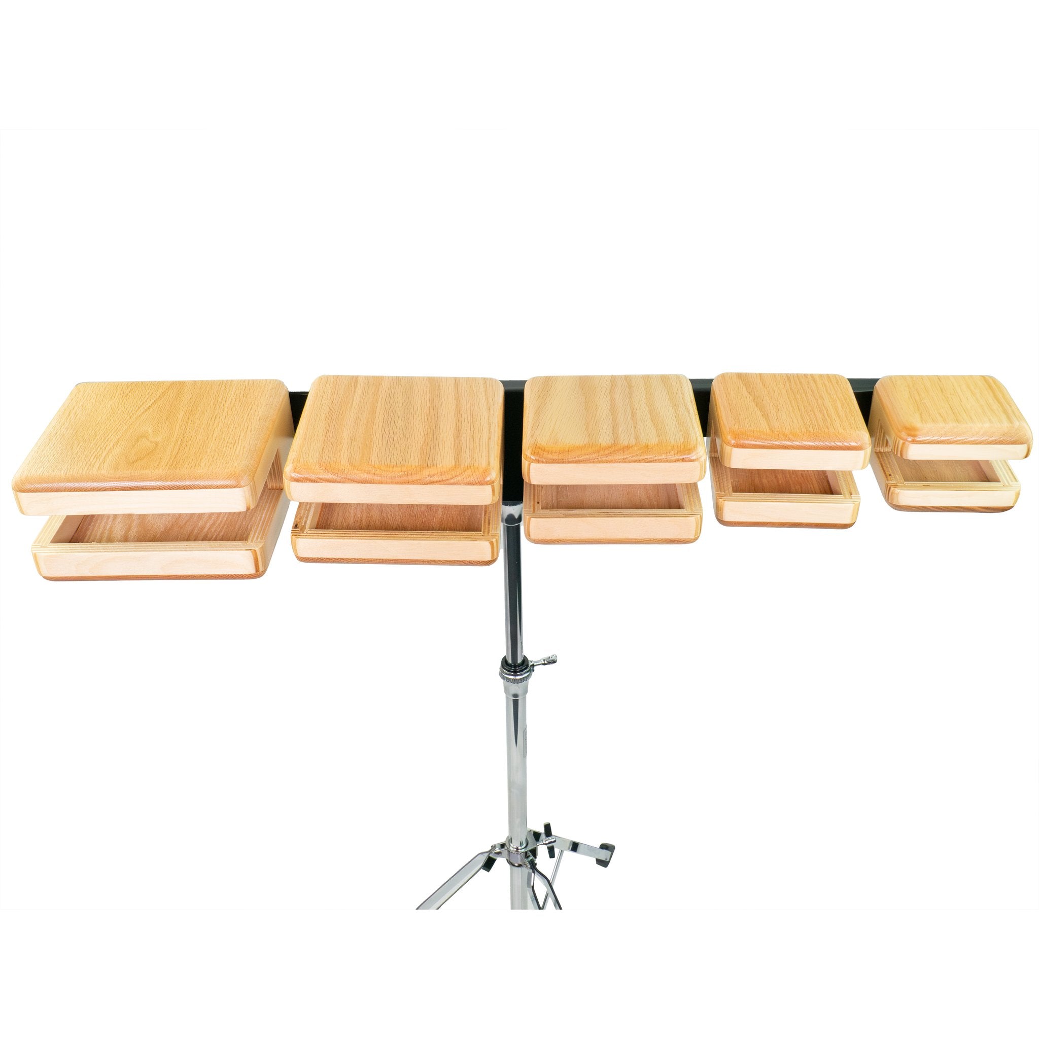 Grover Pro Protégé Temple Block Set with five graduated wood blocks mounted on a black bar, front view on a chrome stand