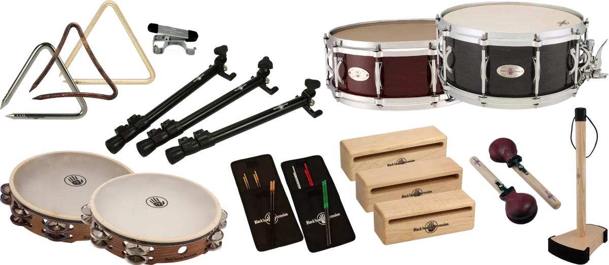 Various Black Swamp Percussion instruments and accessories.