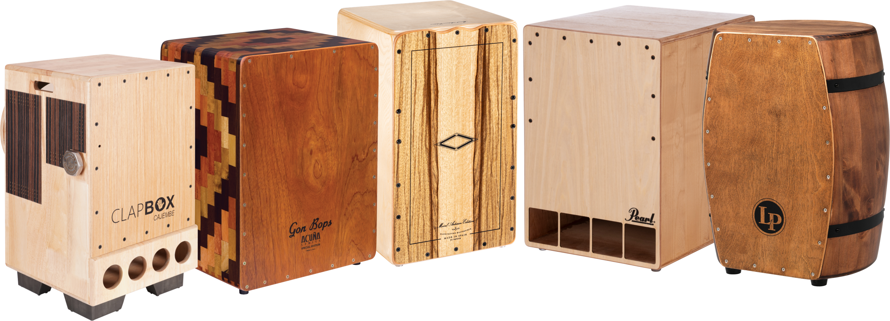 Group of cajons from LP, Pearl, Meinl, Gon Bops and Clapbox