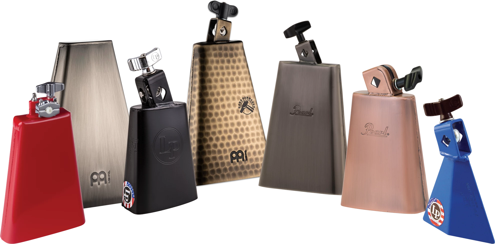 Various Gon Bops, Meinl, Pearl, and LP cowbells.