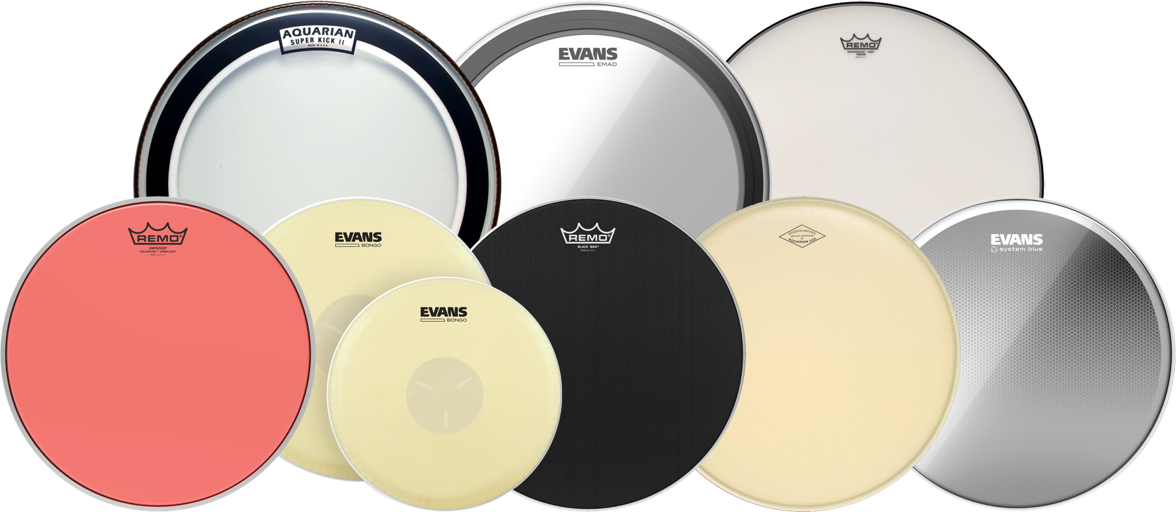 Various Remo, Evans, and Aquarian drumheads.