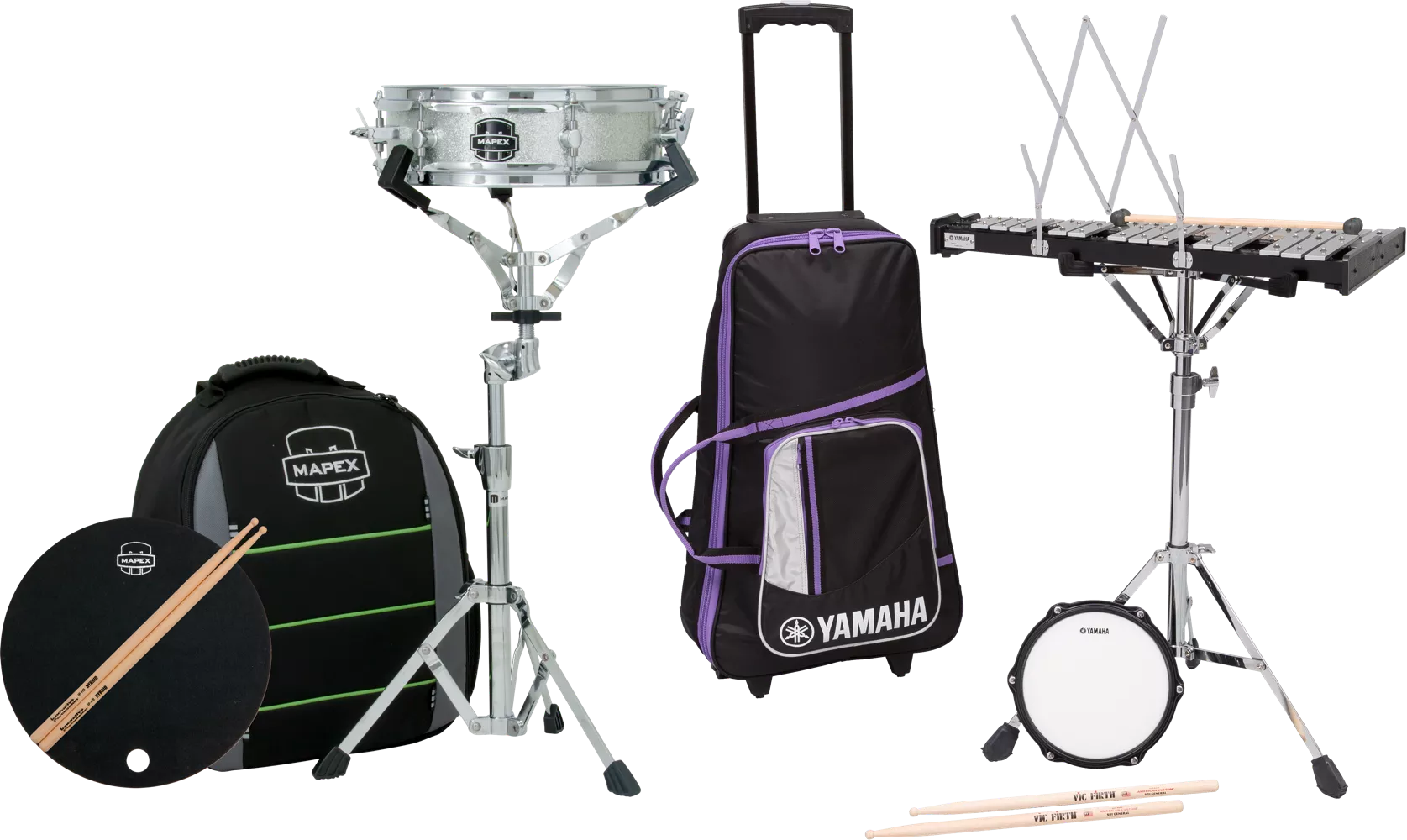 Mapex snare and Yamaha bell educational kits.