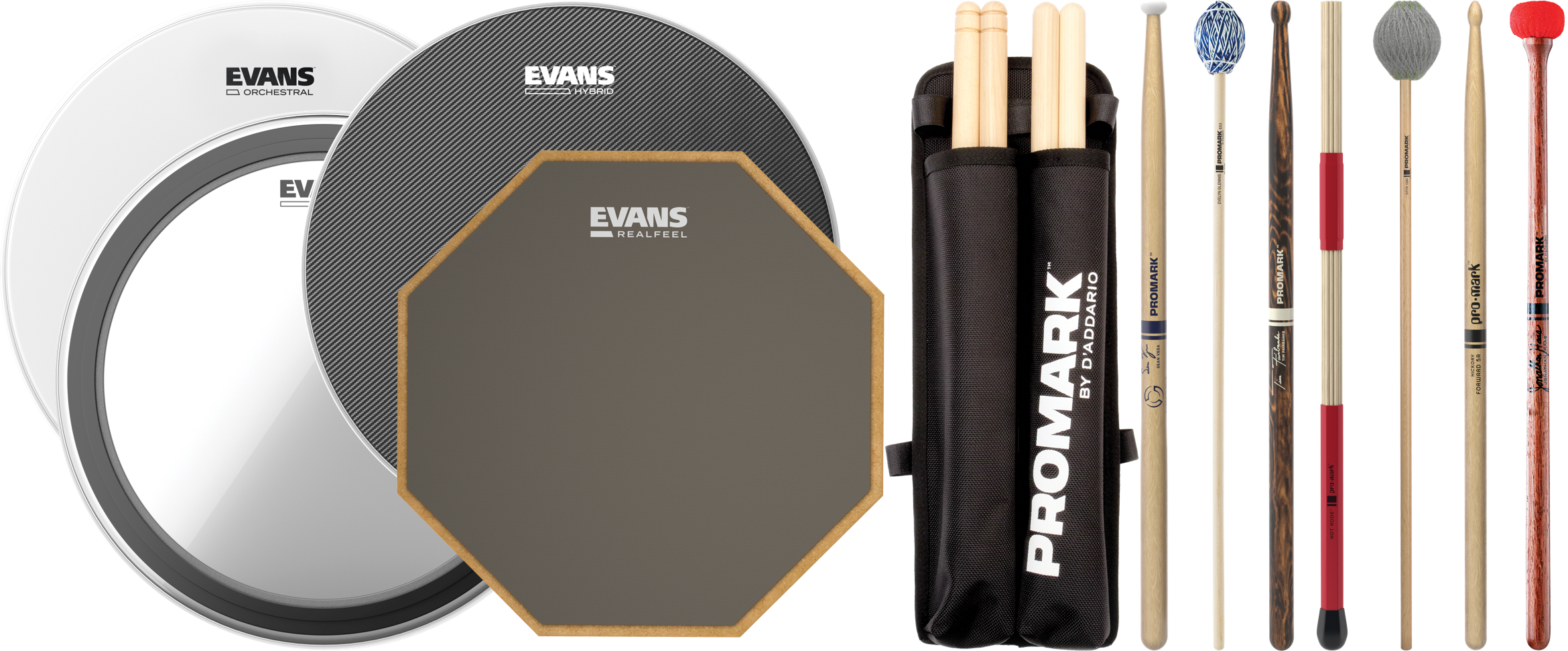 Various Evans drumheads and practice pad, and Promark drumsticks and mallets.