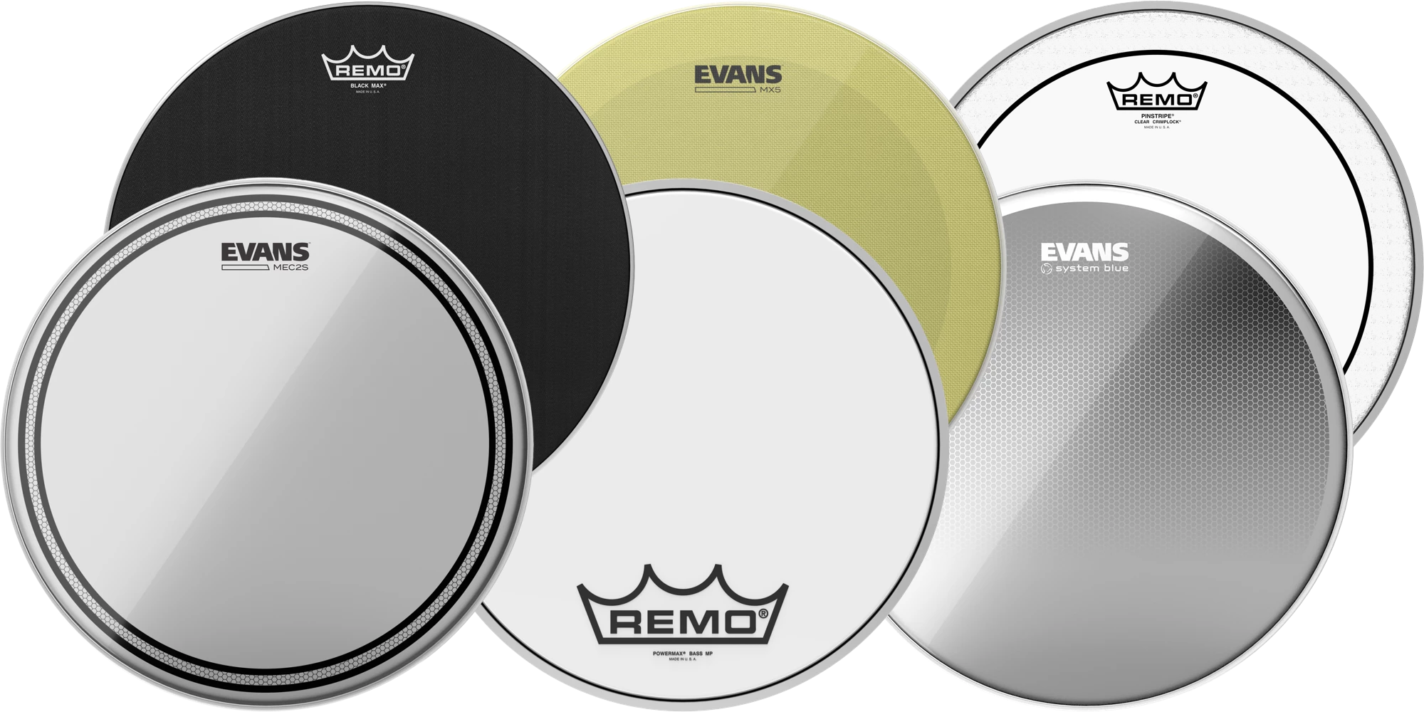 Various Remo and Evans marching drumheads.