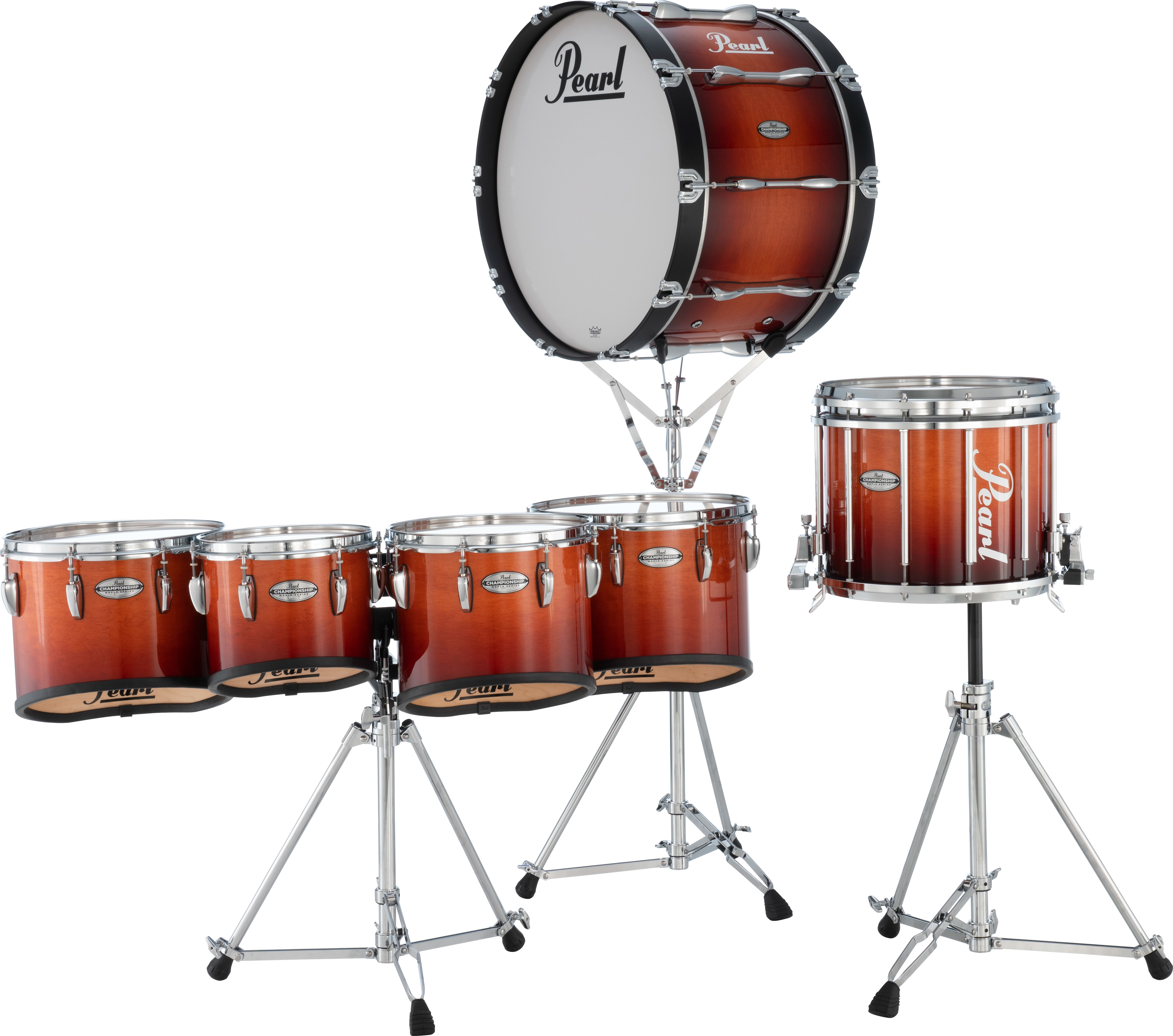 Pearl marching bass drum, tenors, and snare on stands.