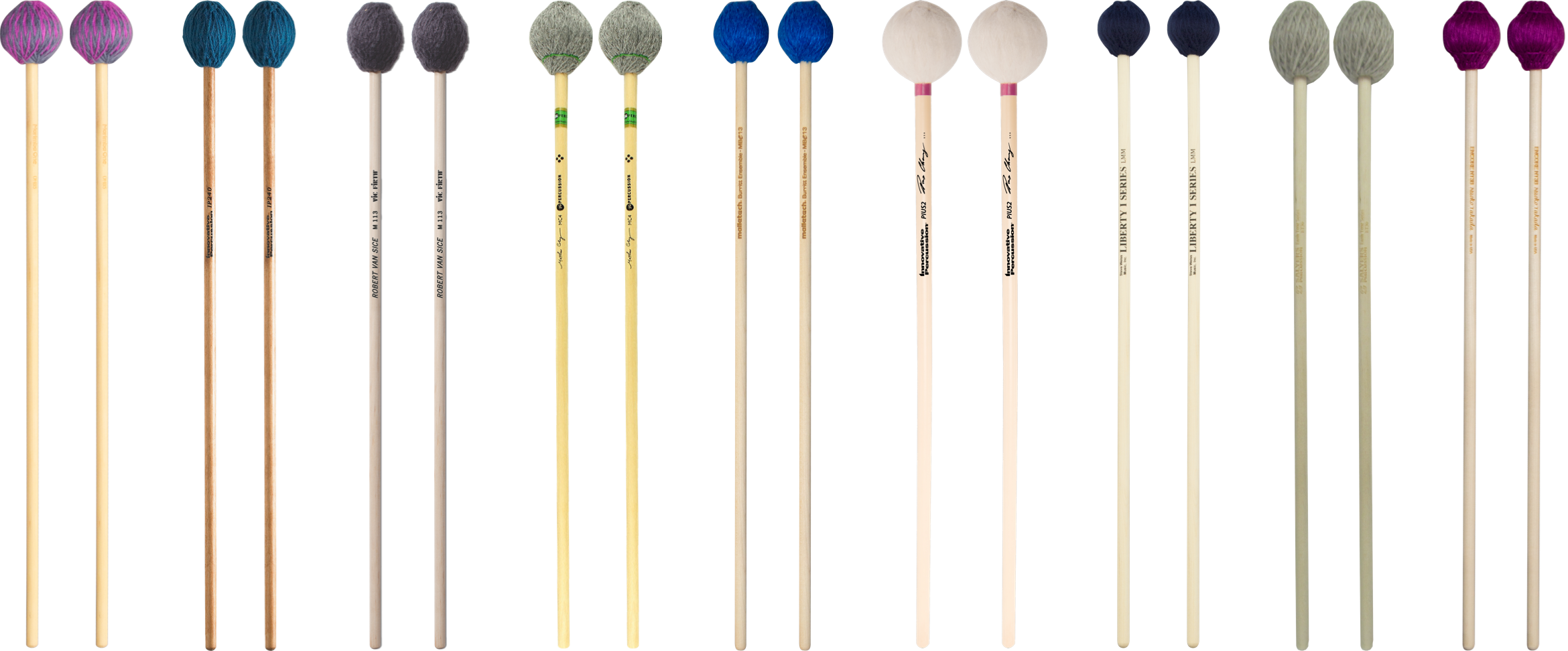 Various pairs of marimba mallets.