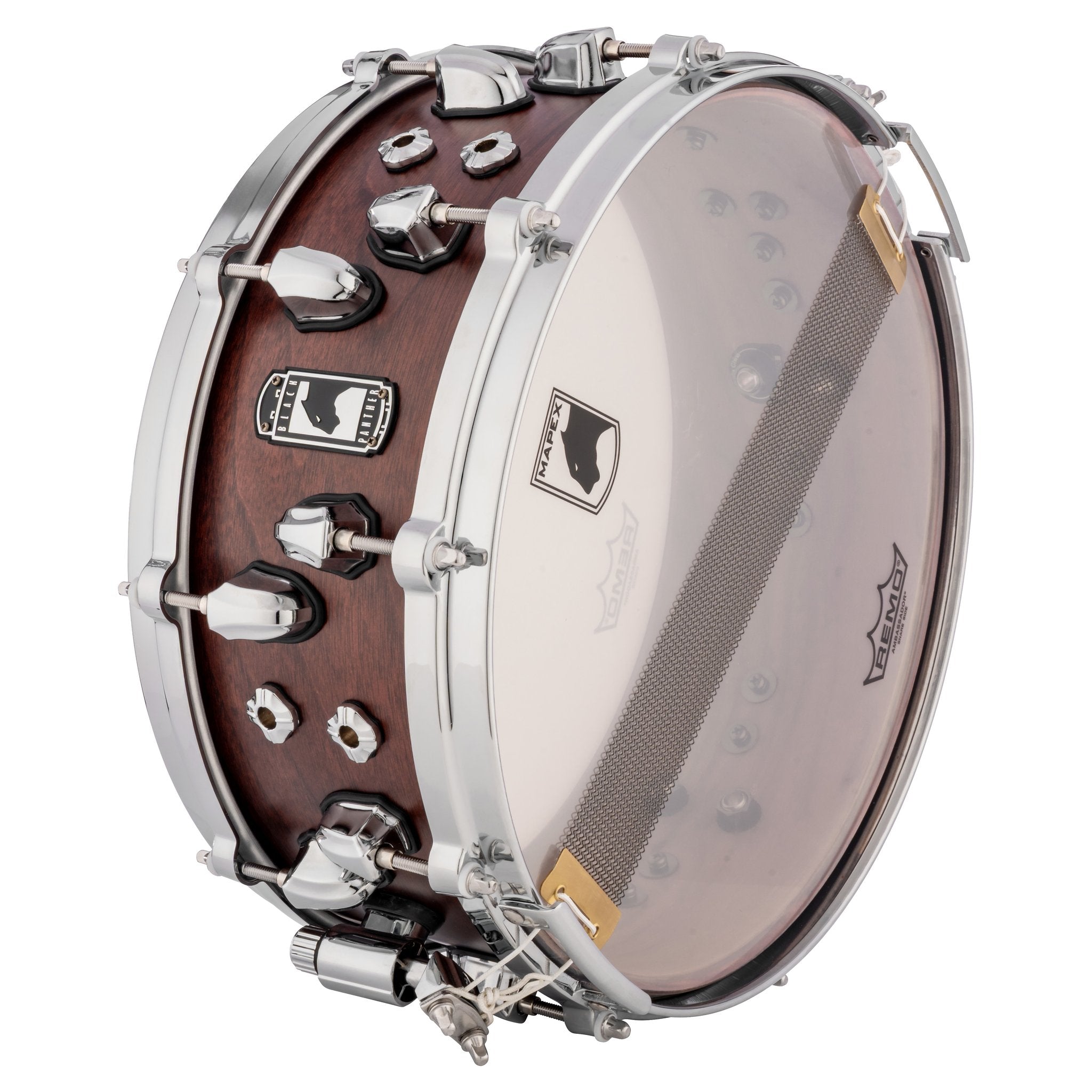 Mapex Black Panther Nemesis Snare Drum on side view of snare wires