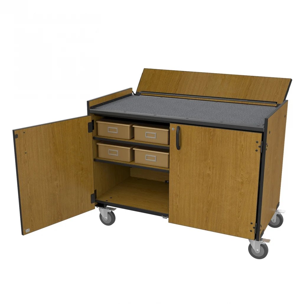 "Marco BS300 Mobile Percussion Workstation with doors open, showing carpeted worktop, four plastic storage trays on upper shelves, open lower compartment, and caster wheels