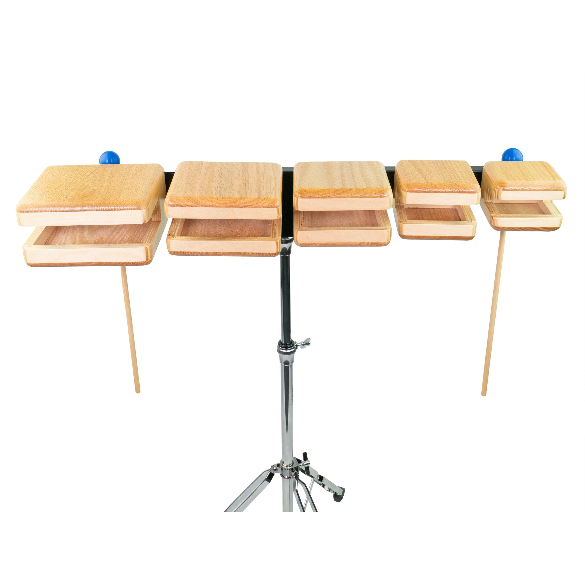 Grover Pro Protégé Temple Block Set shown with two included woodblock mallets resting against the blocks