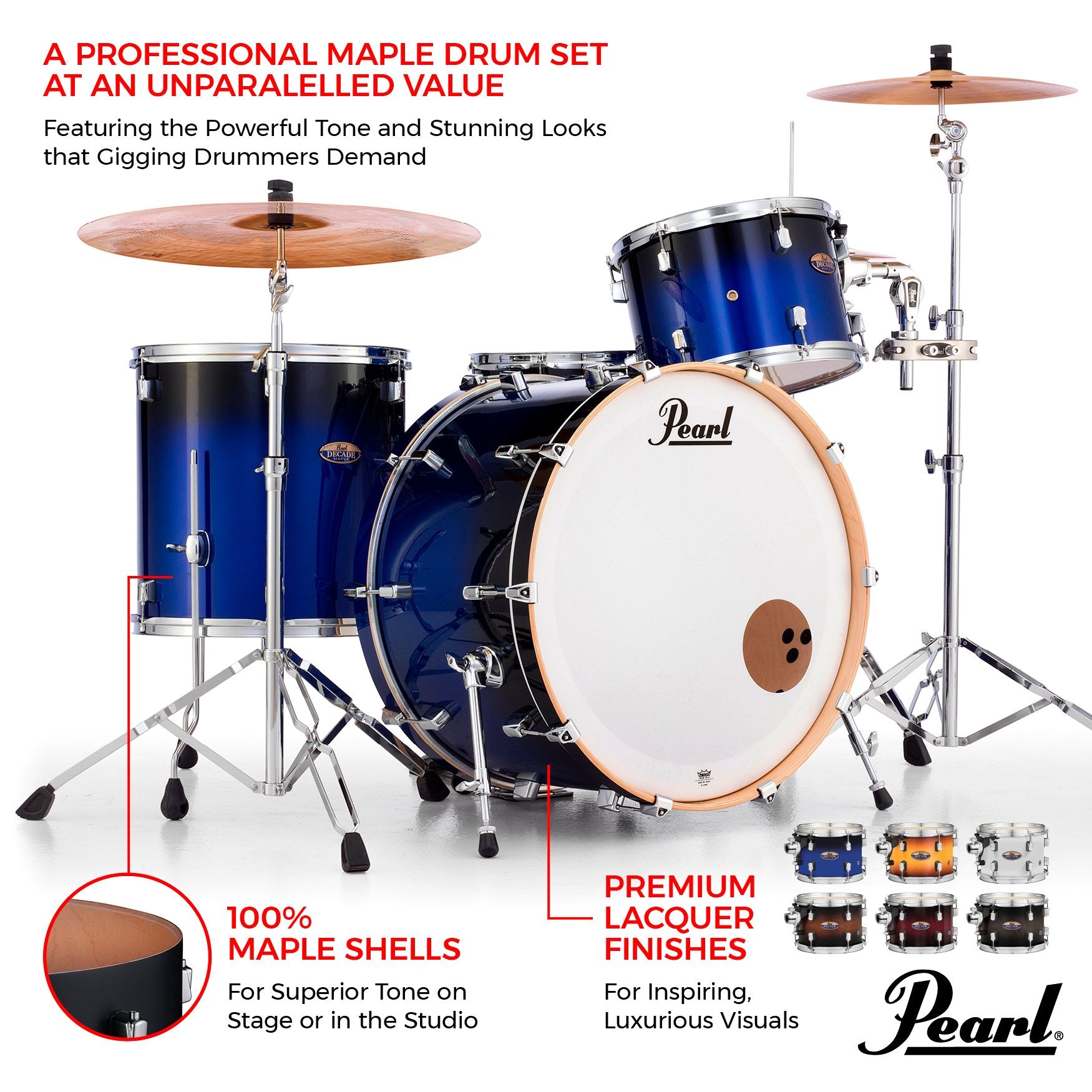 Pearl Decade Maple 3-piece Drum Set Shell Pack - 24" Bass Drum - White Satin Pearl - Image 6