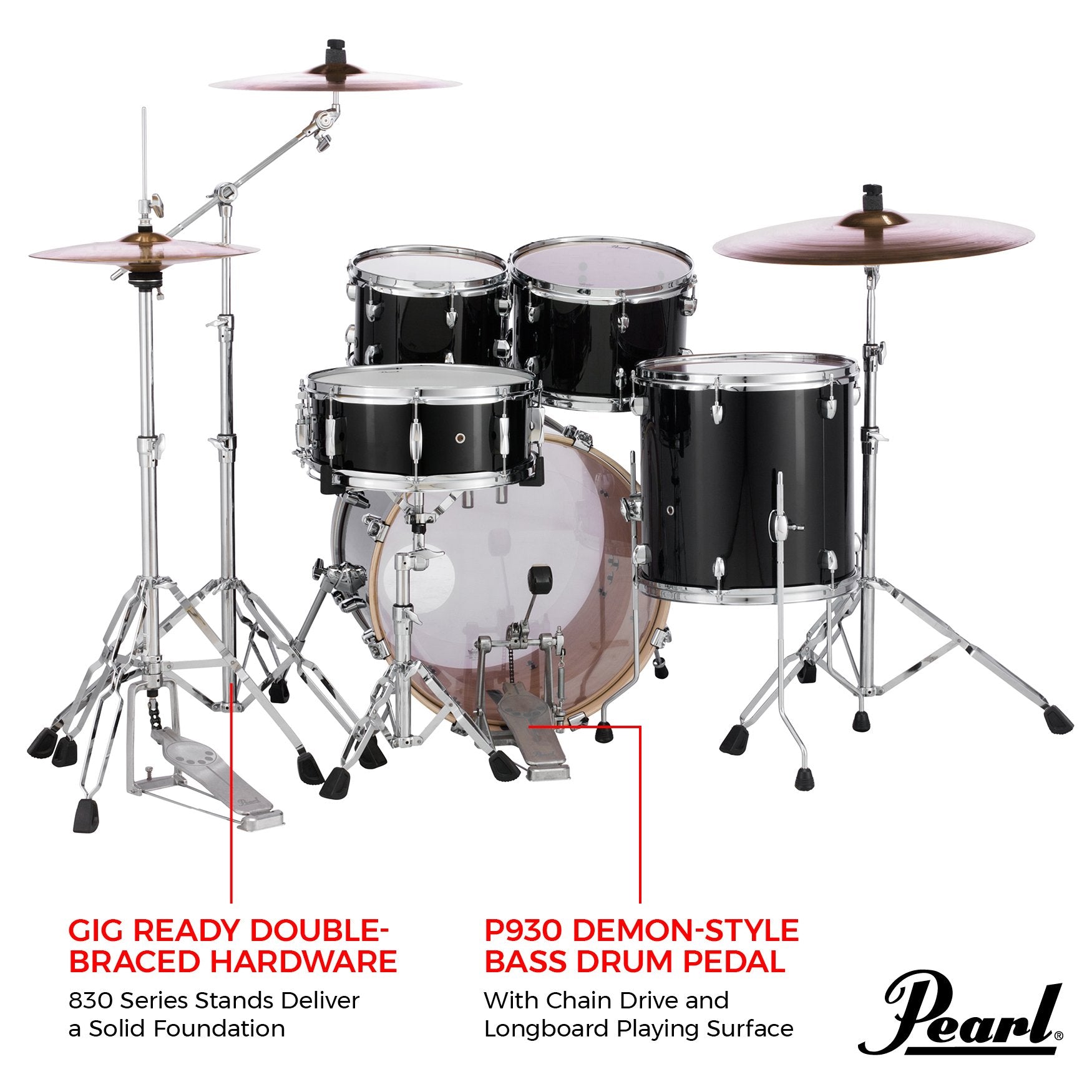 Pearl EXX Export 5-piece Drum Set with Hardware - 20" Bass Drum - Jet Black - Image 8