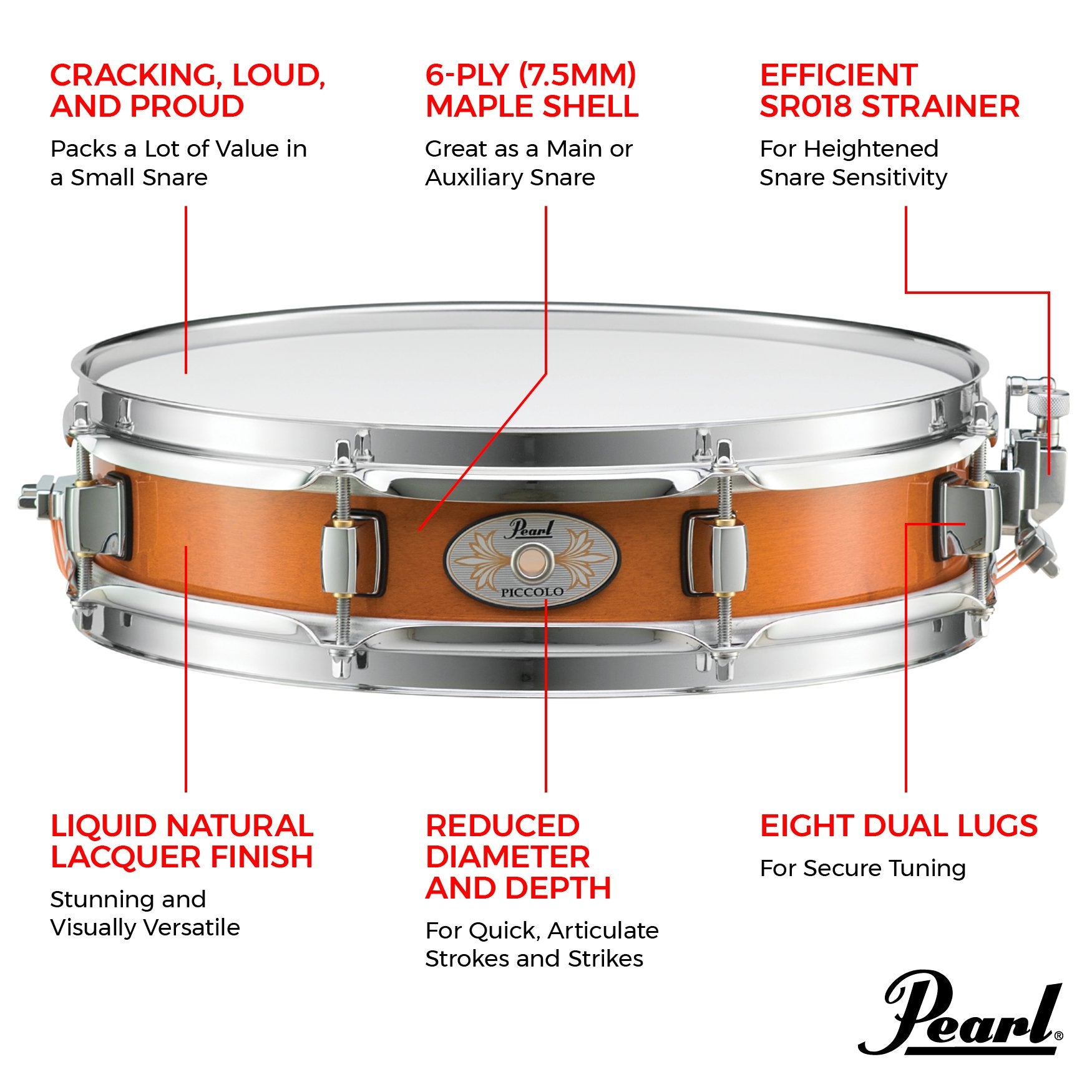 Pearl Maple Piccolo Snare Drum - 13" x 3" - Liquid Amber - Image 3