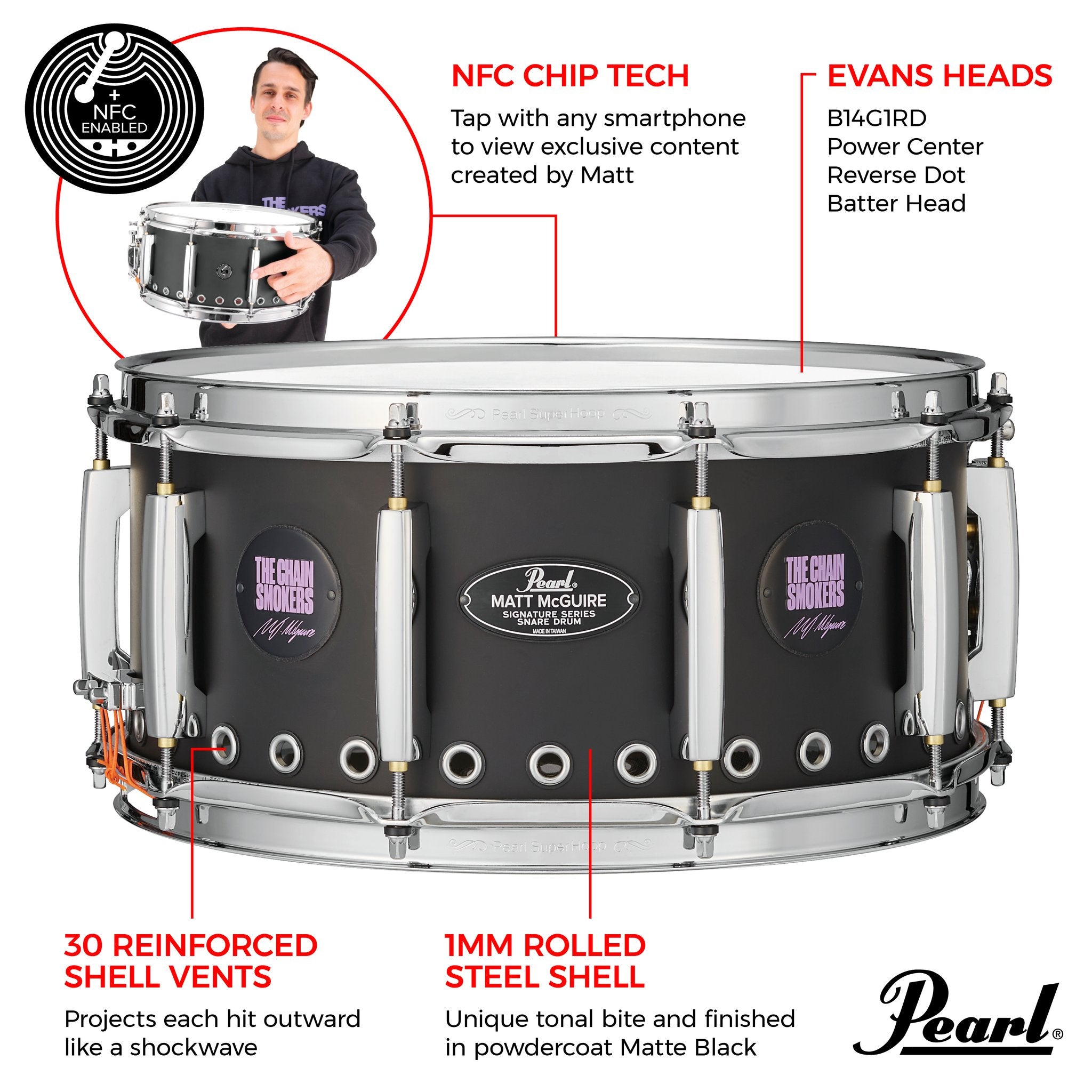 Pearl Matt McGuire Signature Snare Drum - 14x6.5 - Image 8