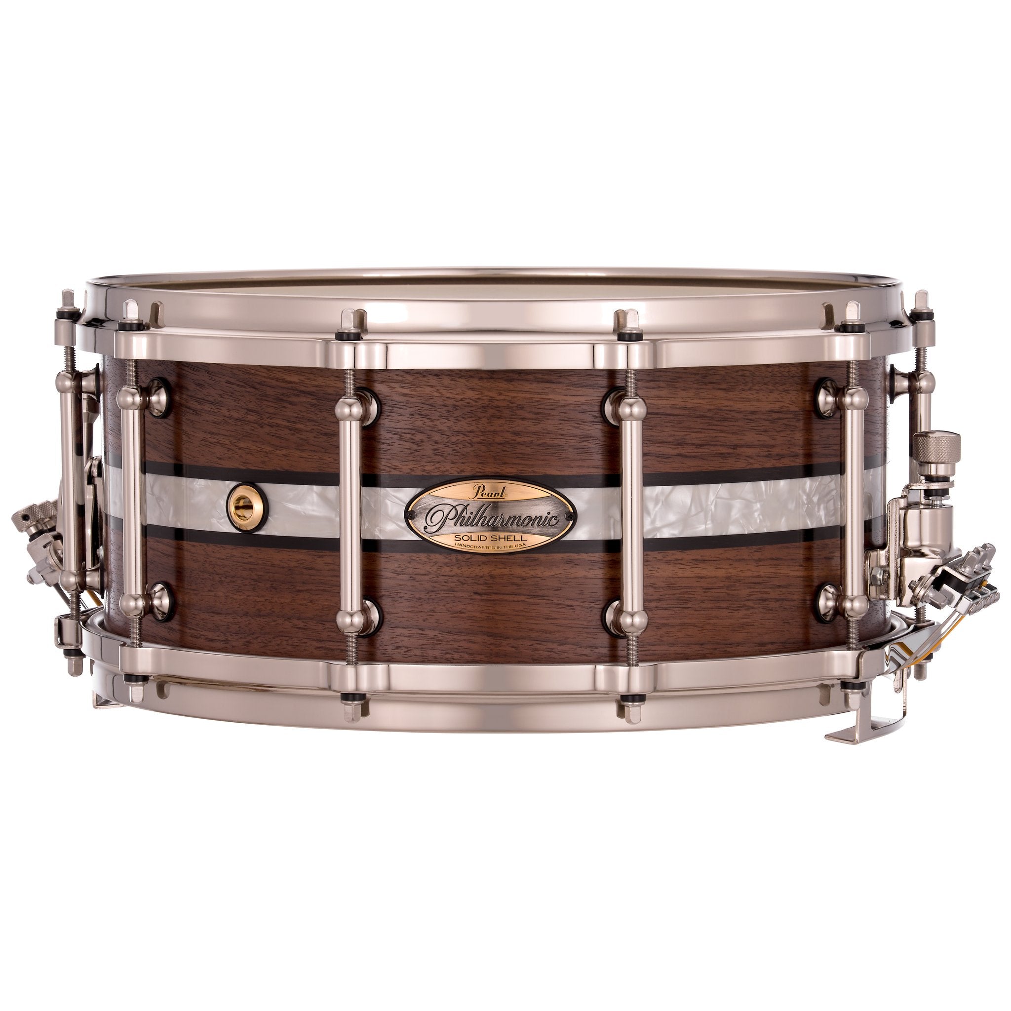 Pearl Philharmonic Solid Shell Walnut Concert Snare Drum - 14" x 6.5" - 45-degree Bearing Edges - Duoband Ebony Marine Inlay - Image 1