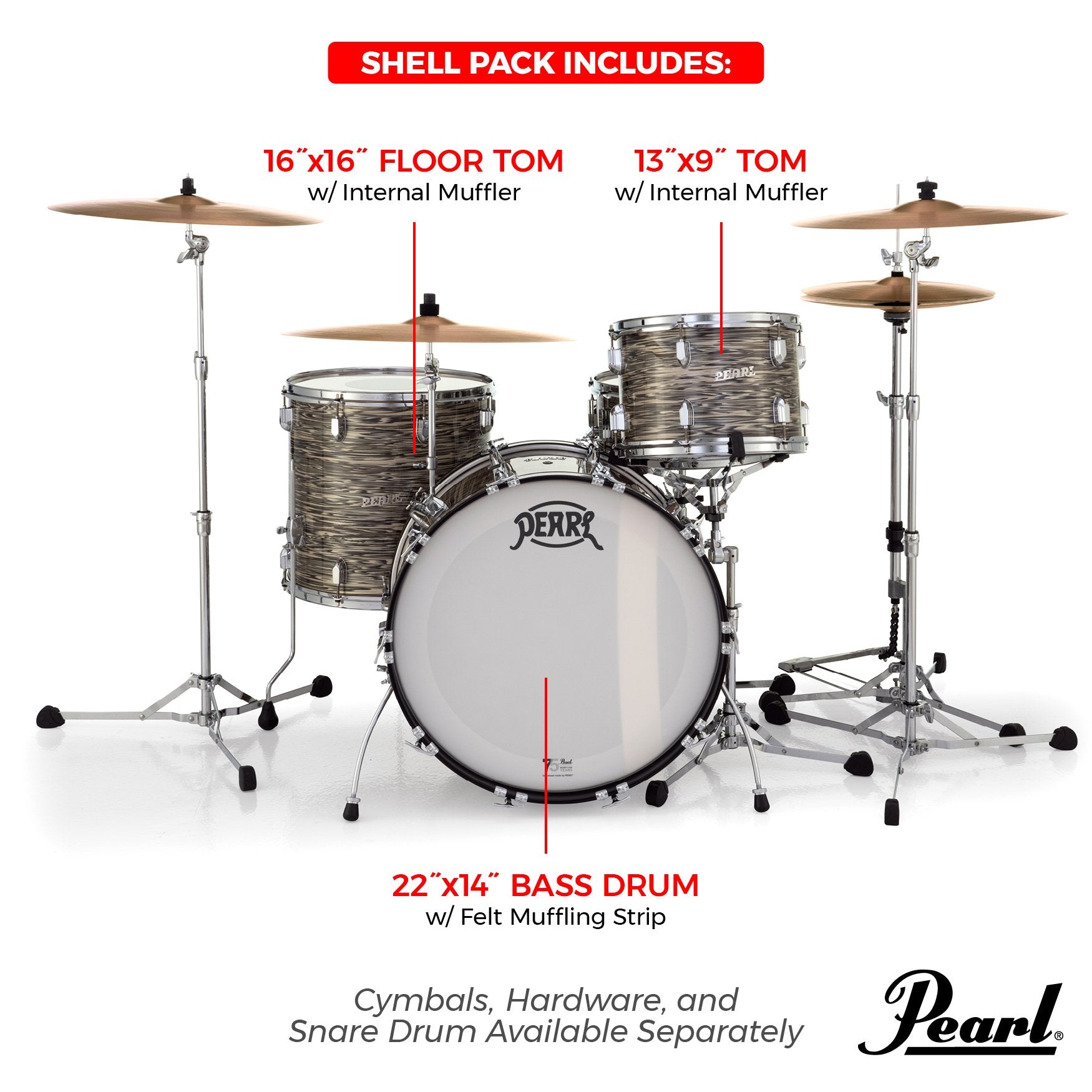 Pearl President Series Deluxe 3-piece Drum Set Shell Pack - 22" Bass Drum - Desert Ripple - Image 7