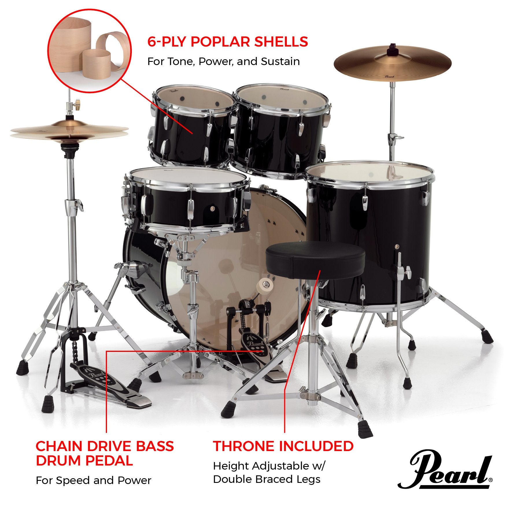 Pearl Roadshow 5-piece Drum Set with Hardware and Cymbals - 20" Bass Drum - Jet Black - Image 8