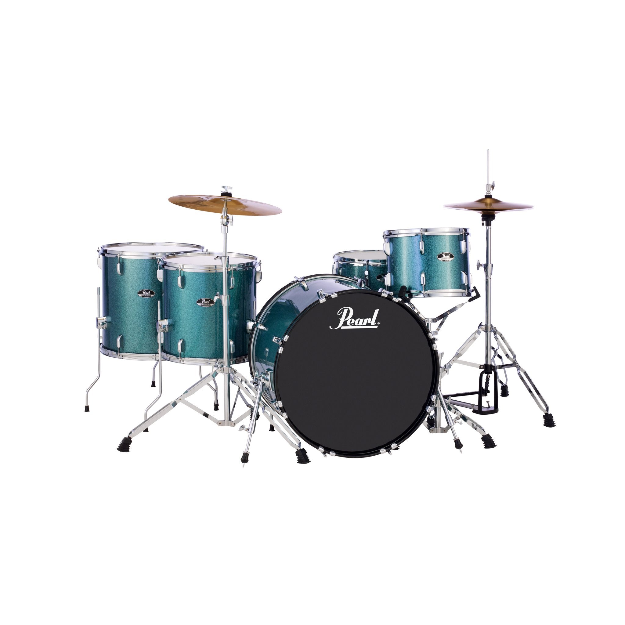 Pearl Roadshow 5-piece Rock Drum Set with Hardware and Cymbals - 22" Bass Drum Aqua Blue Glitter Right Angle