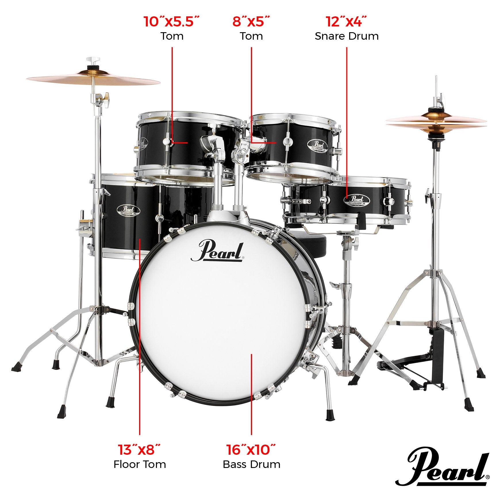 Pearl Roadshow Jr. 5-piece Drum Set with Hardware and Cymbals - 16" Bass Drum - Jet Black - Image 6