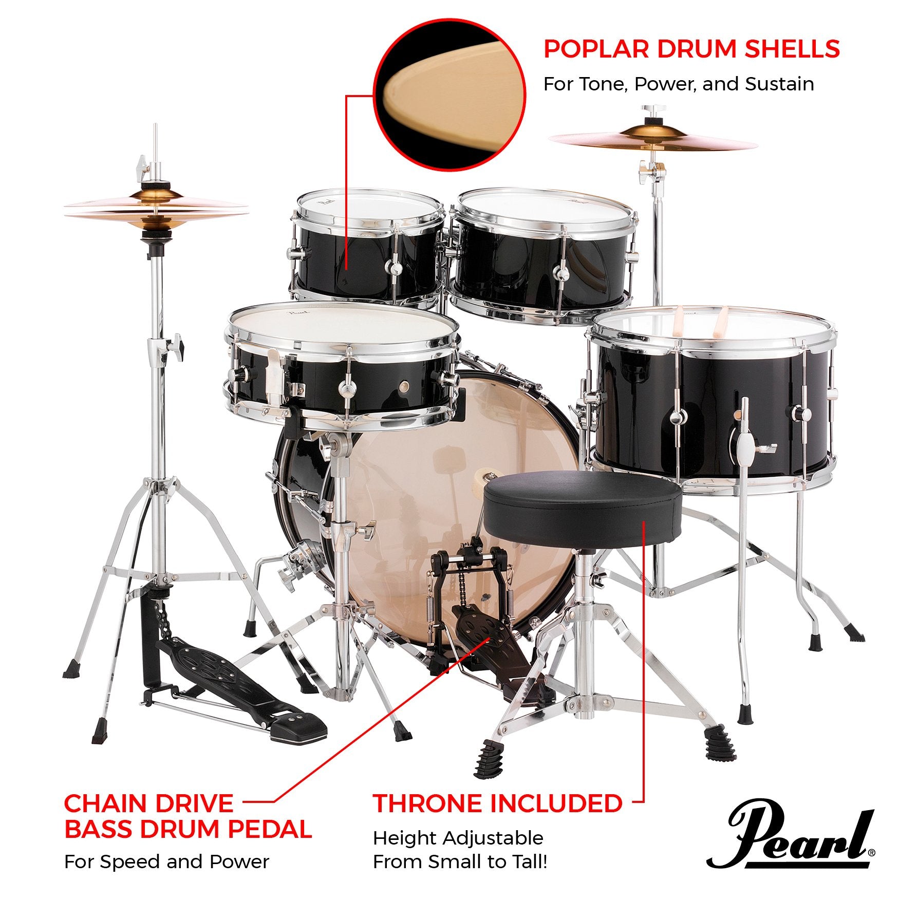 Pearl Roadshow Jr. 5-piece Drum Set with Hardware and Cymbals - 16" Bass Drum - Jet Black - Image 7