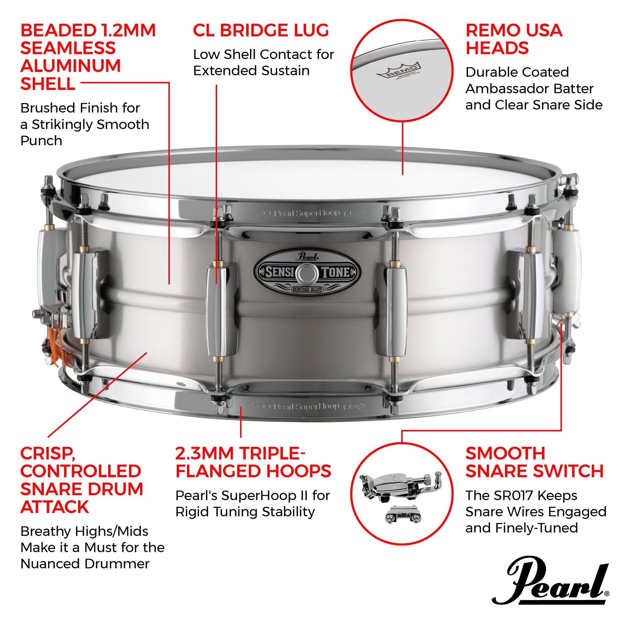 Pearl SensiTone Heritage Alloy Beaded Seamless Aluminum Snare Drum