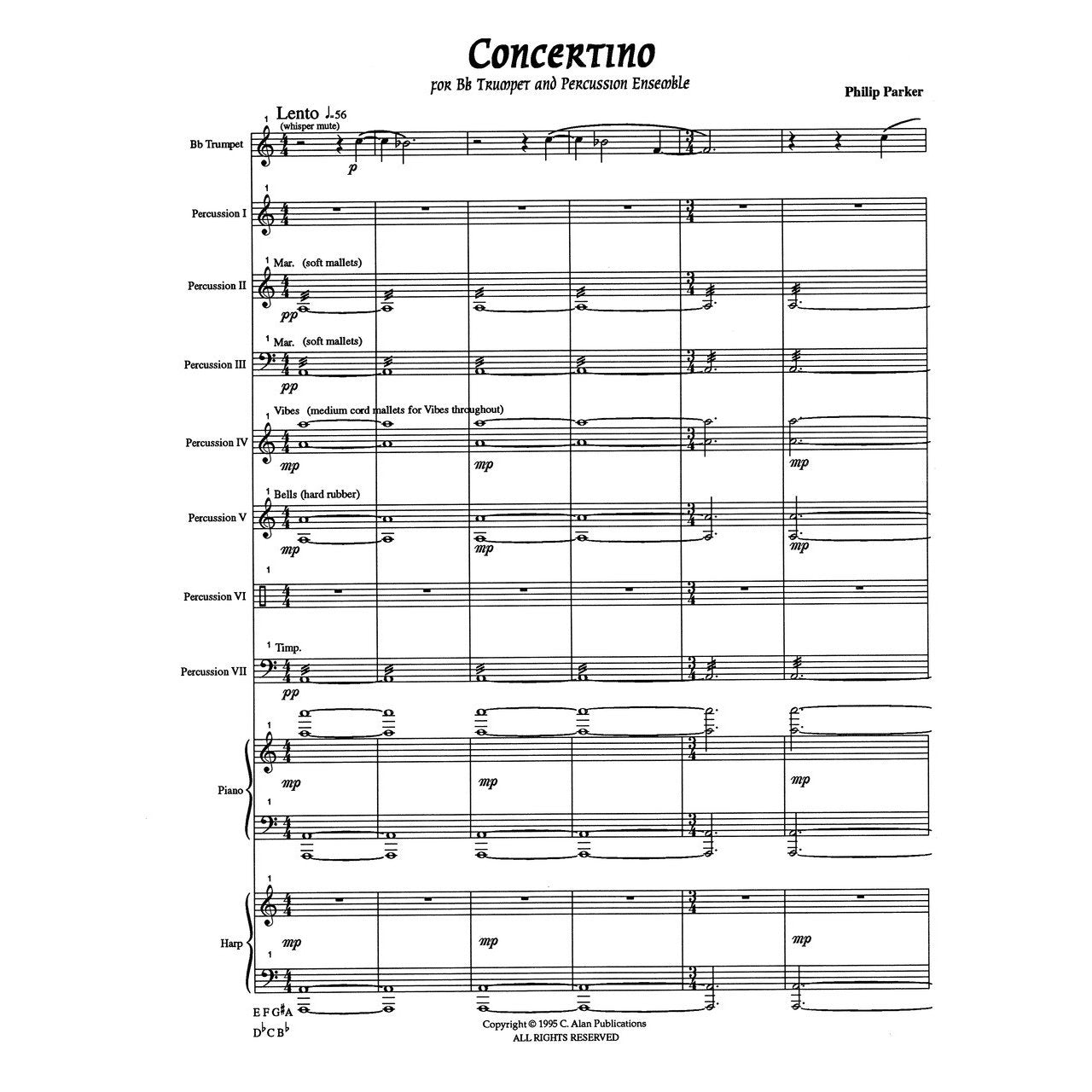 Philip Parker Concertino for B flat trumpet and percussion score sample p 1