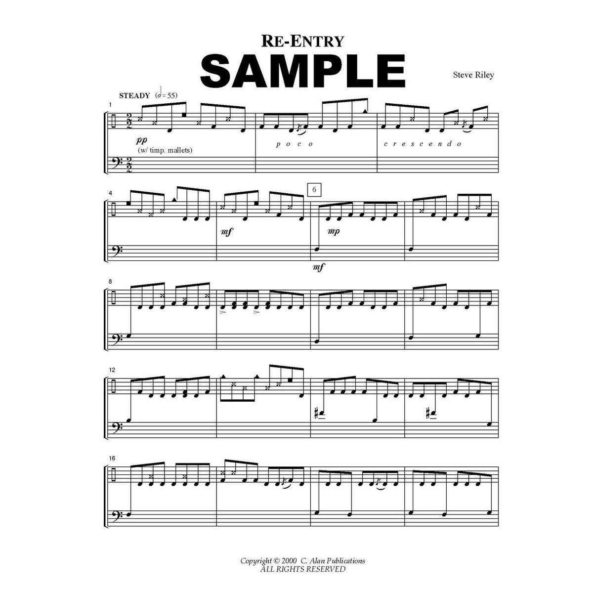 re-entry for multi-percussion solo by Steve Riley score example