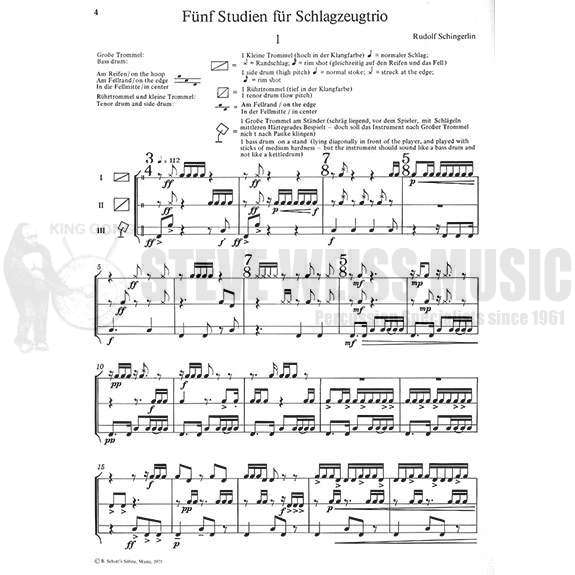 Schingerlin-Funf Studien fur Schlagzeugtrio(S-n3)-P/M/5T
