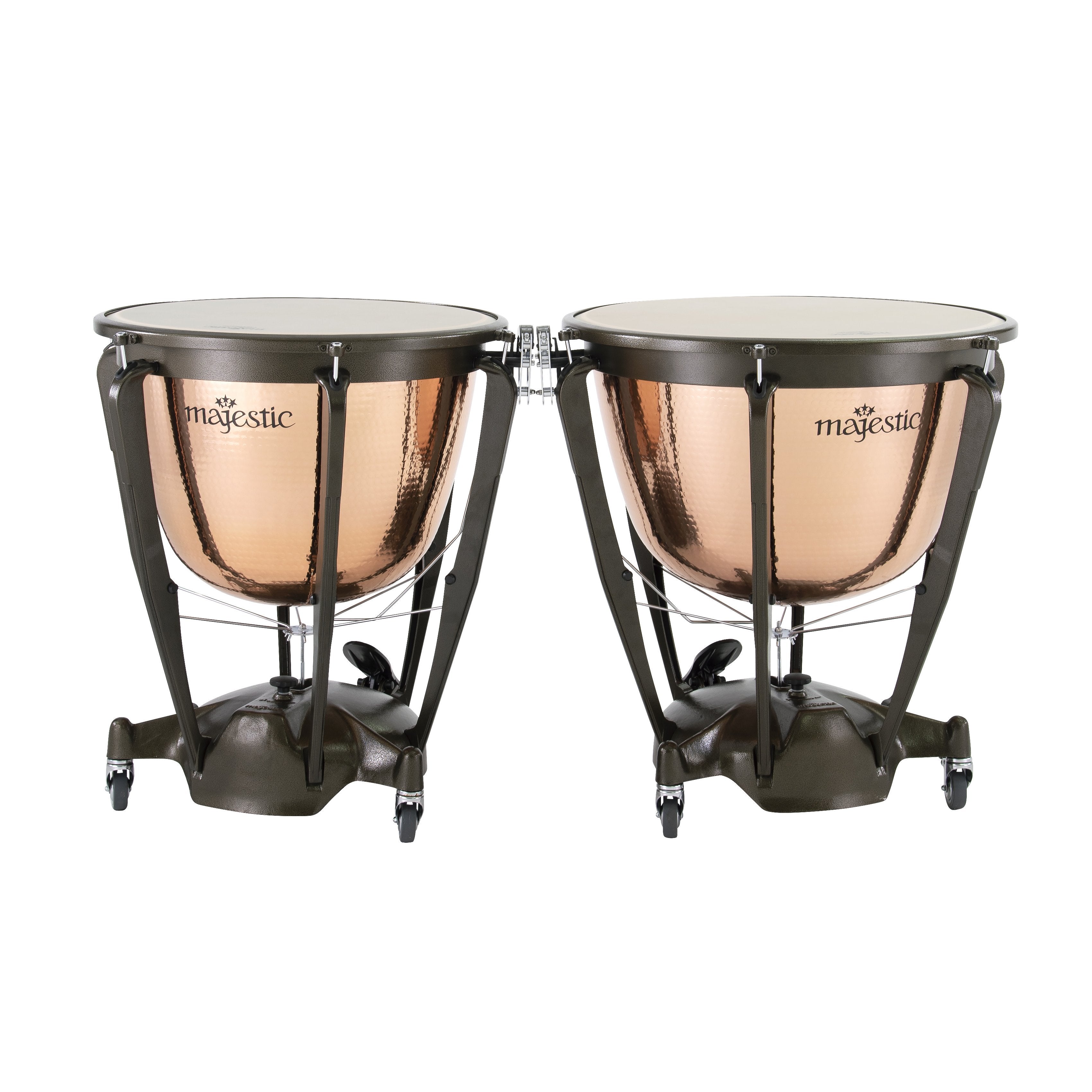 Set of 2 Majestic Symphonic Series Hammered Copper Timpani with Cambered Bowls - 26"/29" - Image 1